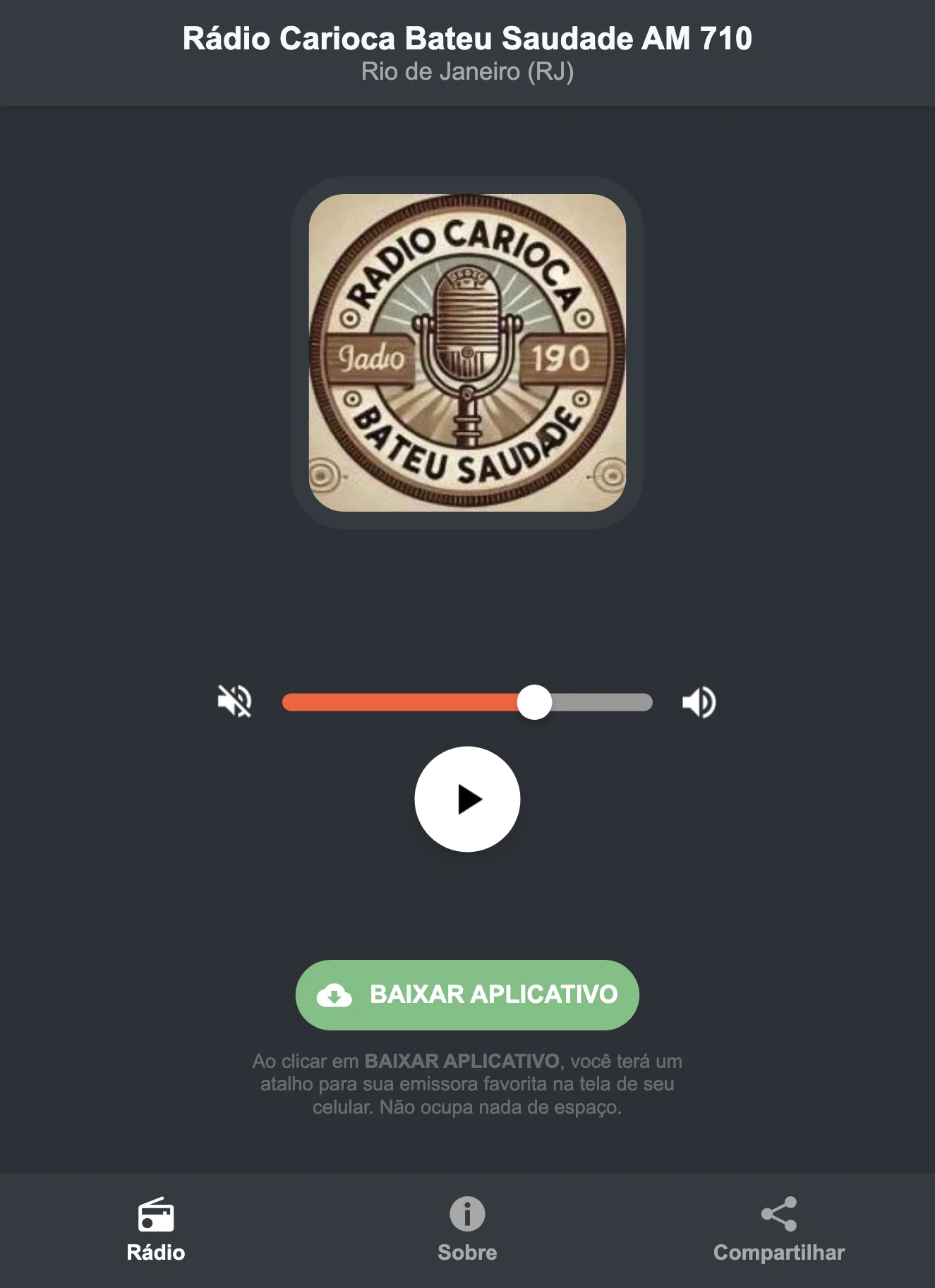 Screenshot do aplicativo da Rádio Carioca Bateu Saudade AM 710