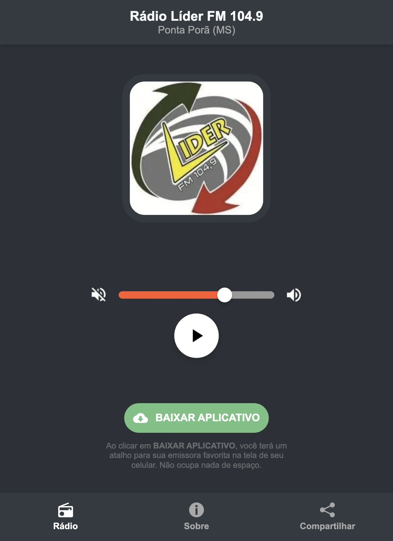Screenshot do aplicativo da Rádio Líder FM 104.9