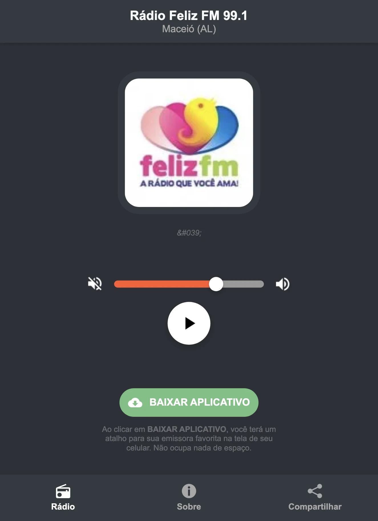 Screenshot do aplicativo da Rádio Feliz FM 99.1