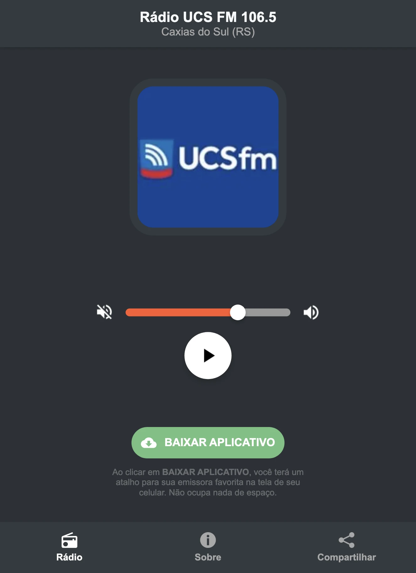 Screenshot do aplicativo da Rádio UCS FM 106.5
