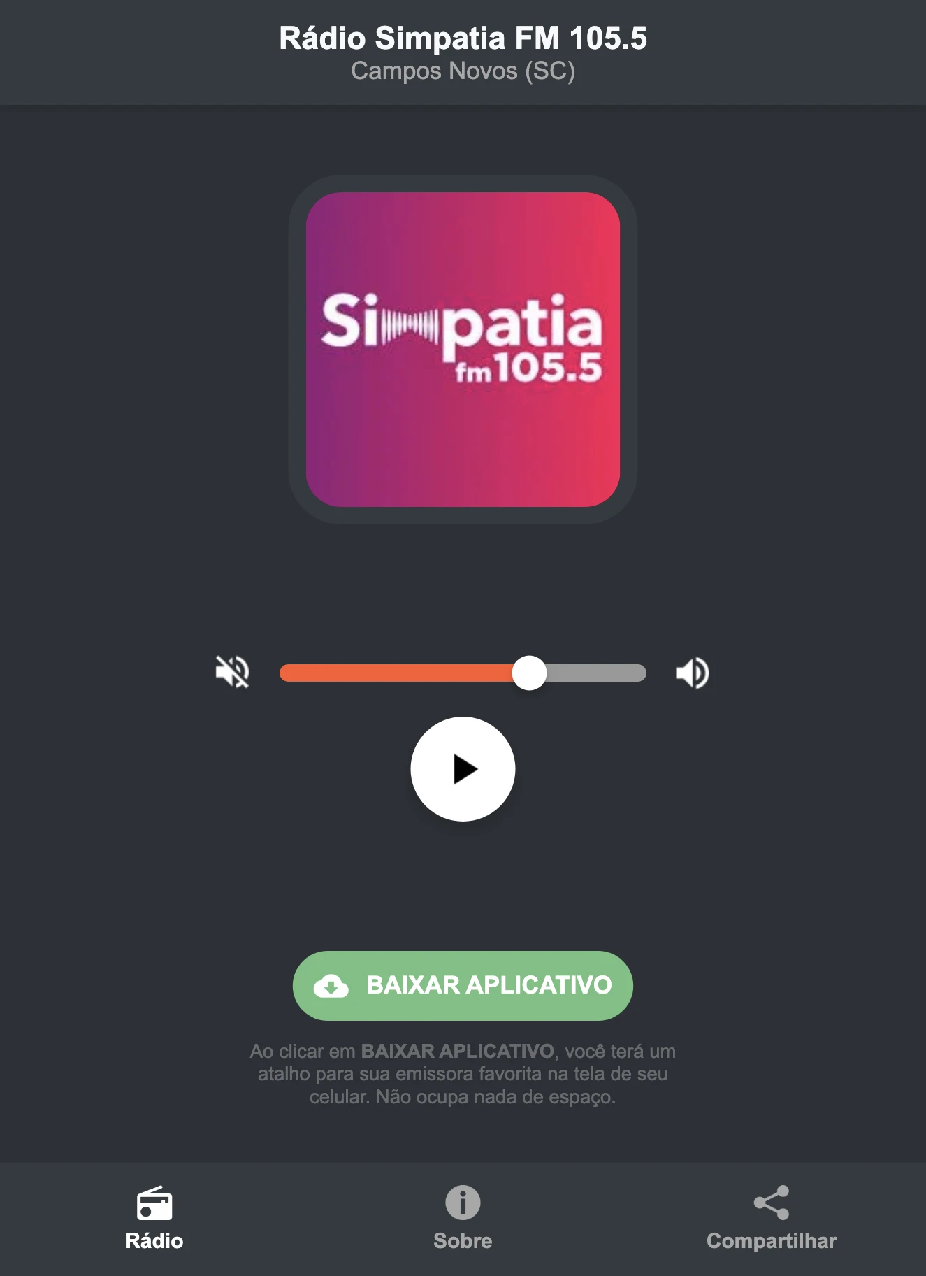 Screenshot do aplicativo da Rádio Simpatia FM 105.5