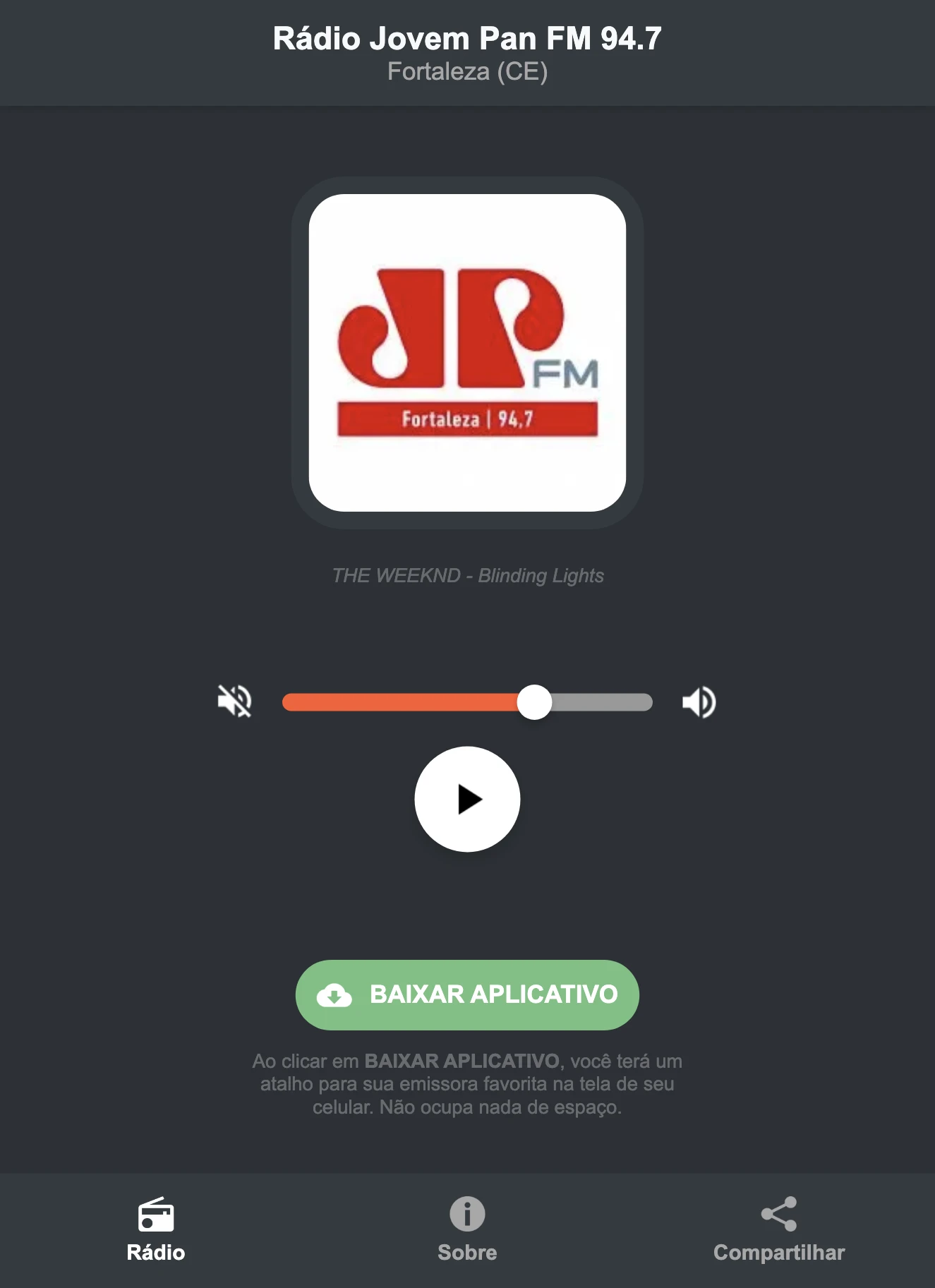Screenshot do aplicativo da Rádio Jovem Pan FM 94.7