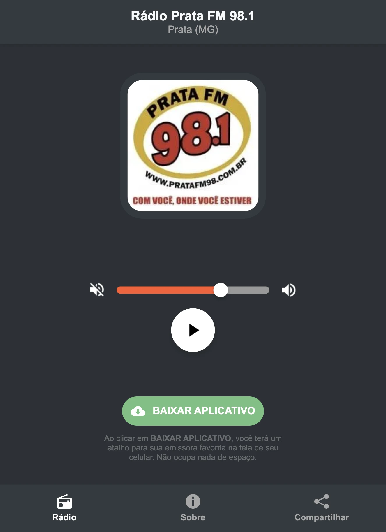 Screenshot do aplicativo da Rádio Prata FM 98.1