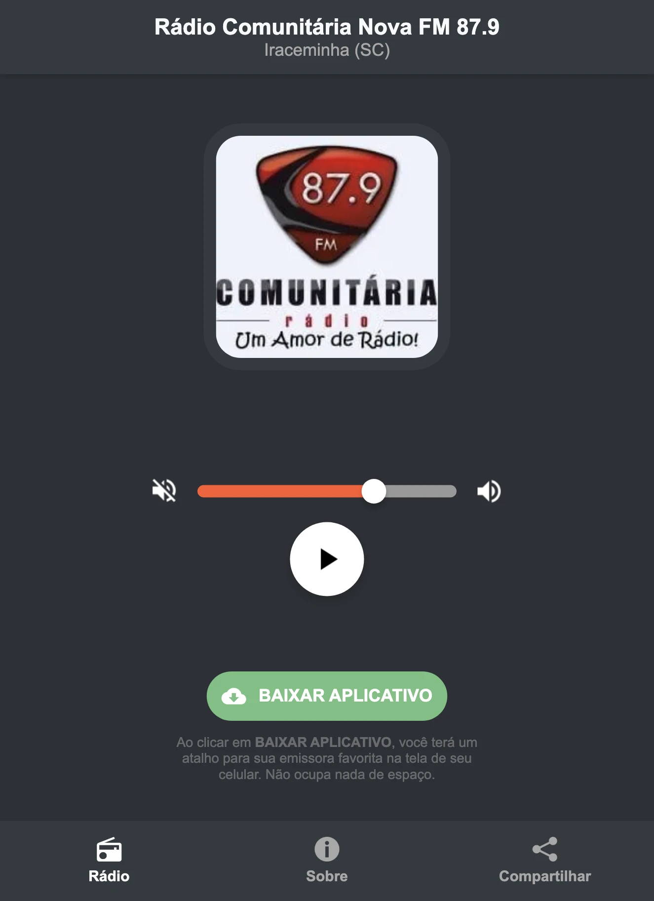 Screenshot do aplicativo da Rádio Comunitária Nova FM 87.9