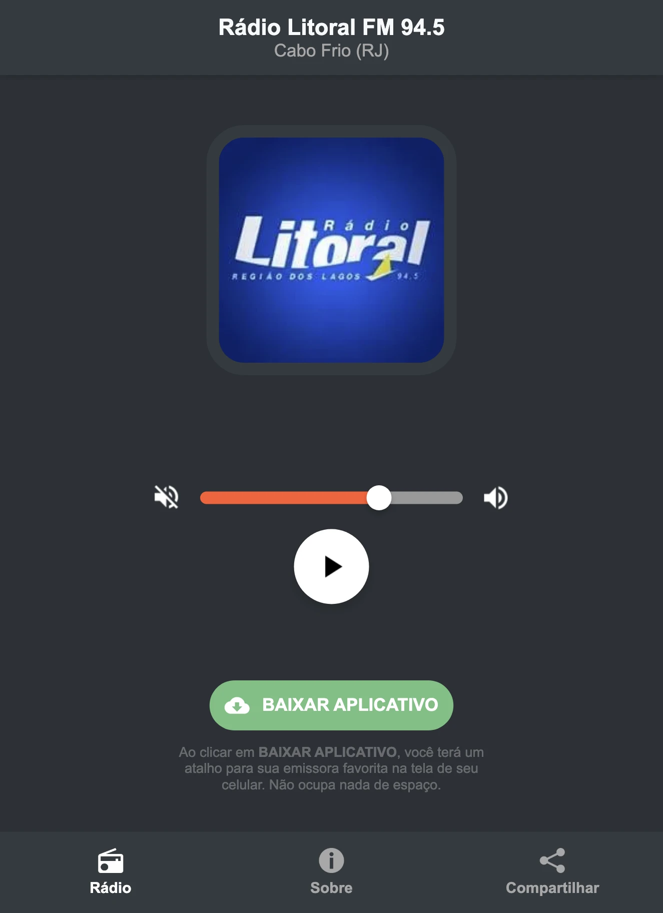 Screenshot do aplicativo da Rádio Litoral FM 94.5