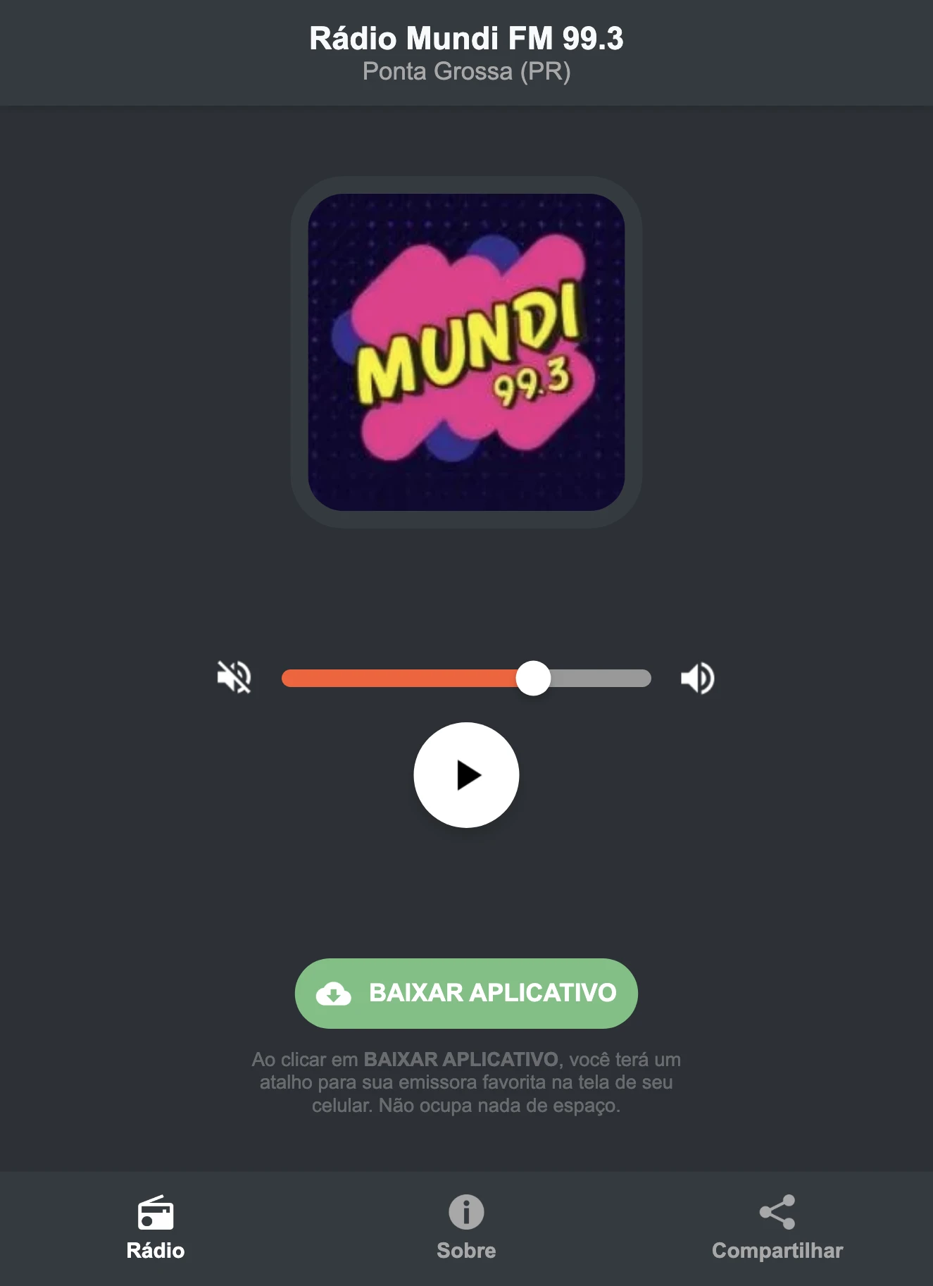 Screenshot do aplicativo da Rádio Mundi FM 99.3