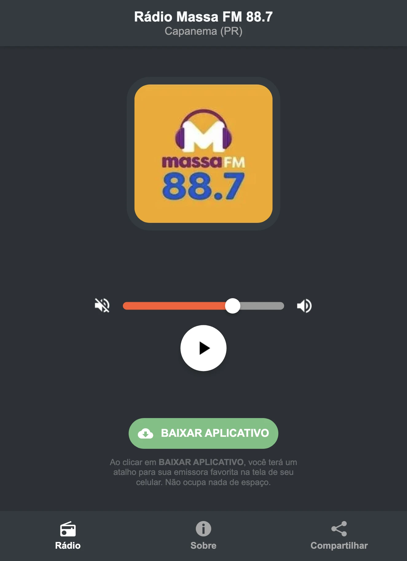 Screenshot do aplicativo da Rádio Massa FM 88.7
