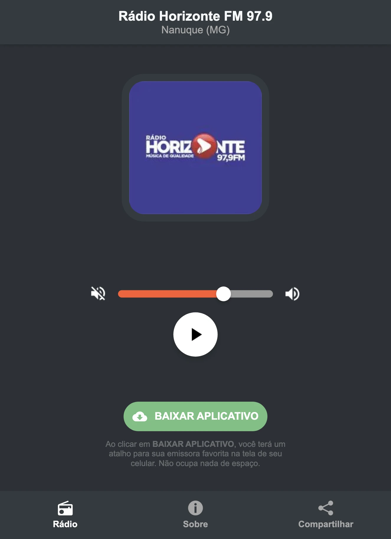 Screenshot do aplicativo da Rádio Horizonte FM 97.9