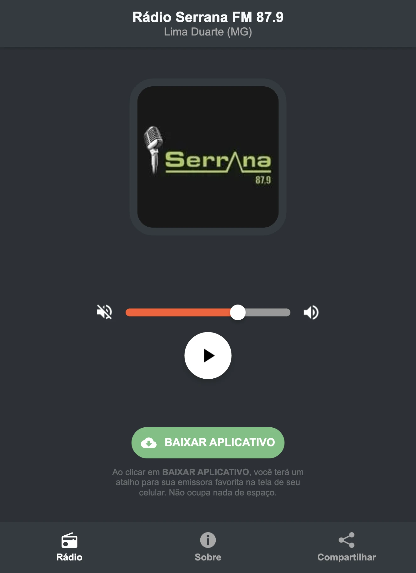 Screenshot do aplicativo da Rádio Serrana FM 87.9