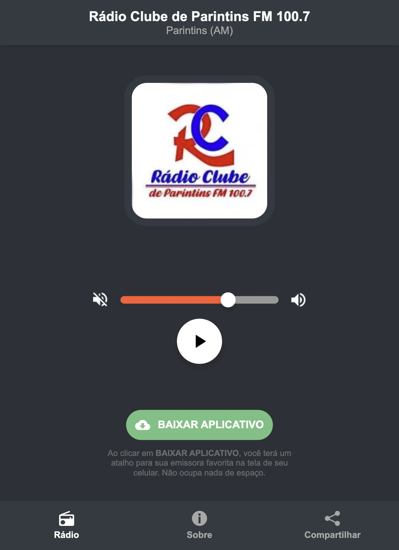 Screenshot do aplicativo da Rádio Clube de Parintins FM 100.7