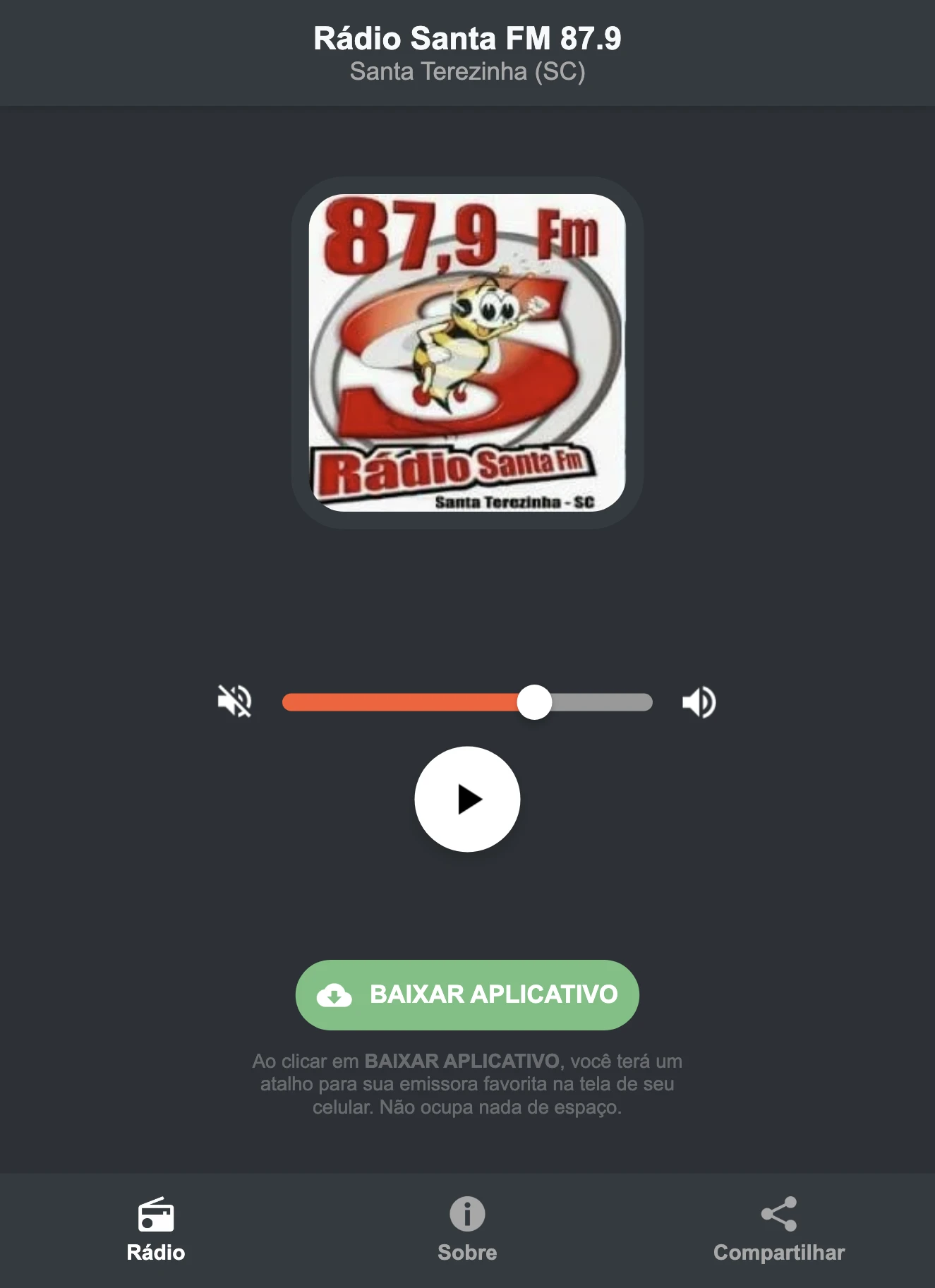 Screenshot do aplicativo da Rádio Santa FM 87.9