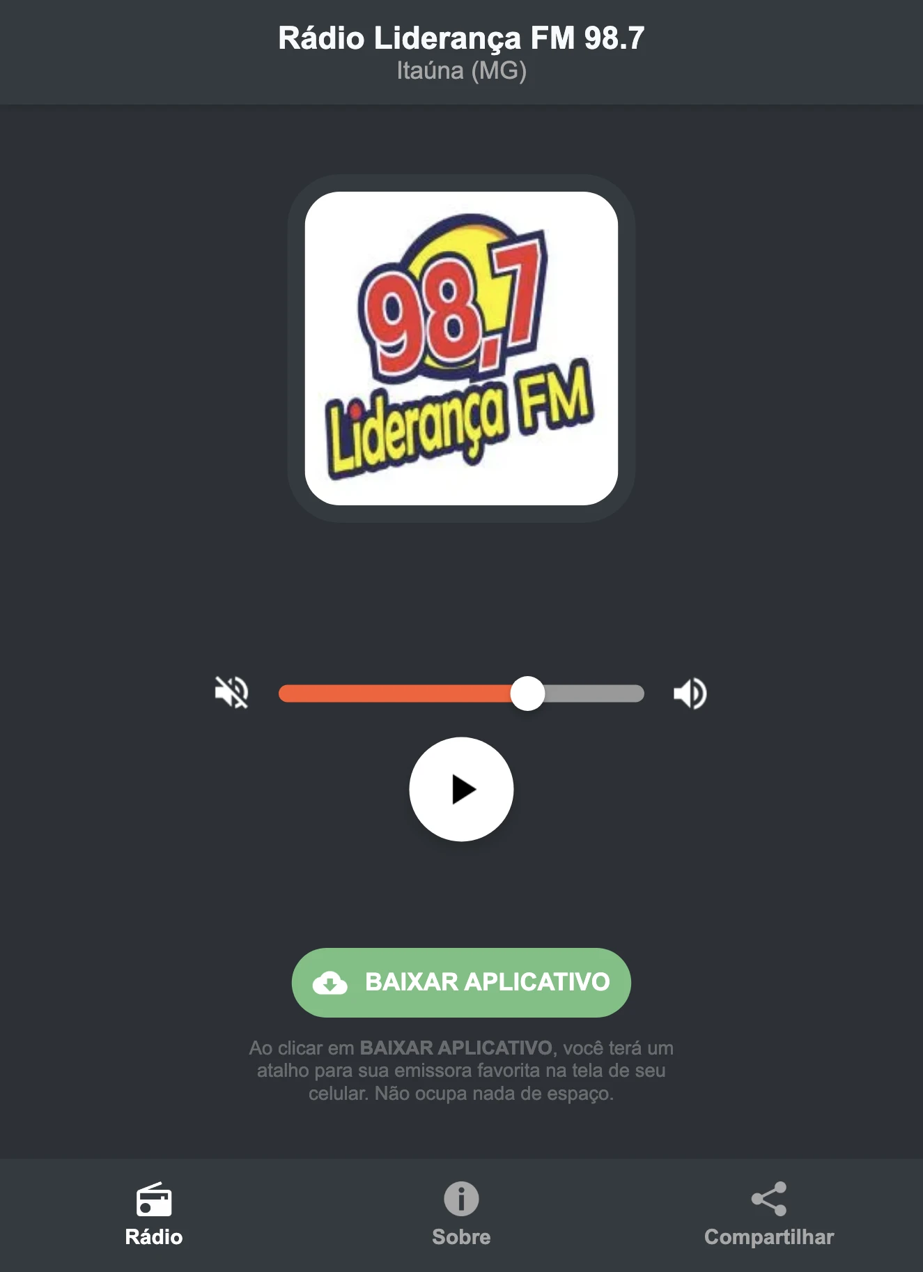 Screenshot do aplicativo da Rádio Liderança FM 98.7