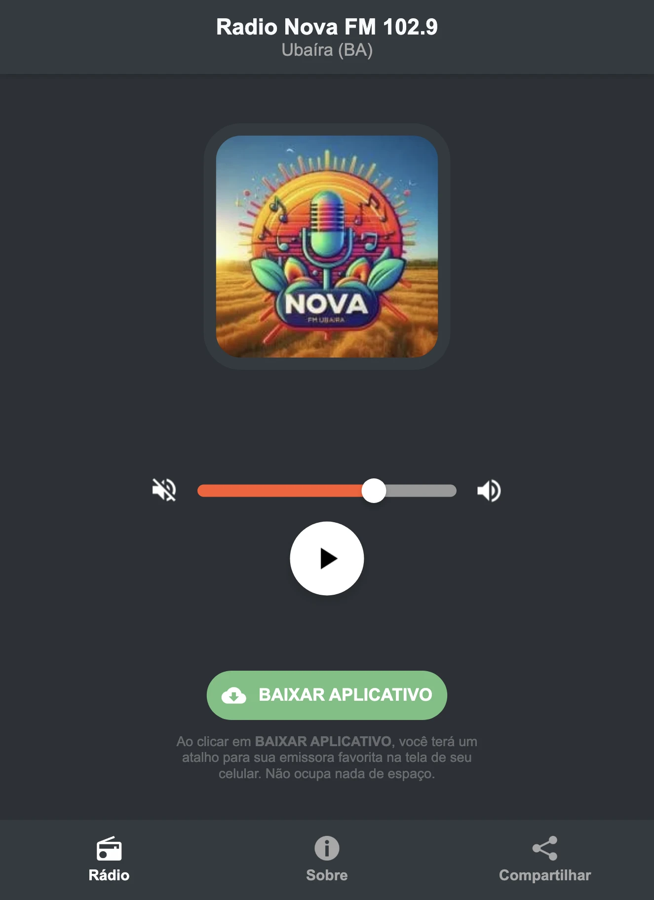 Screenshot do aplicativo da Radio Nova FM 102.9