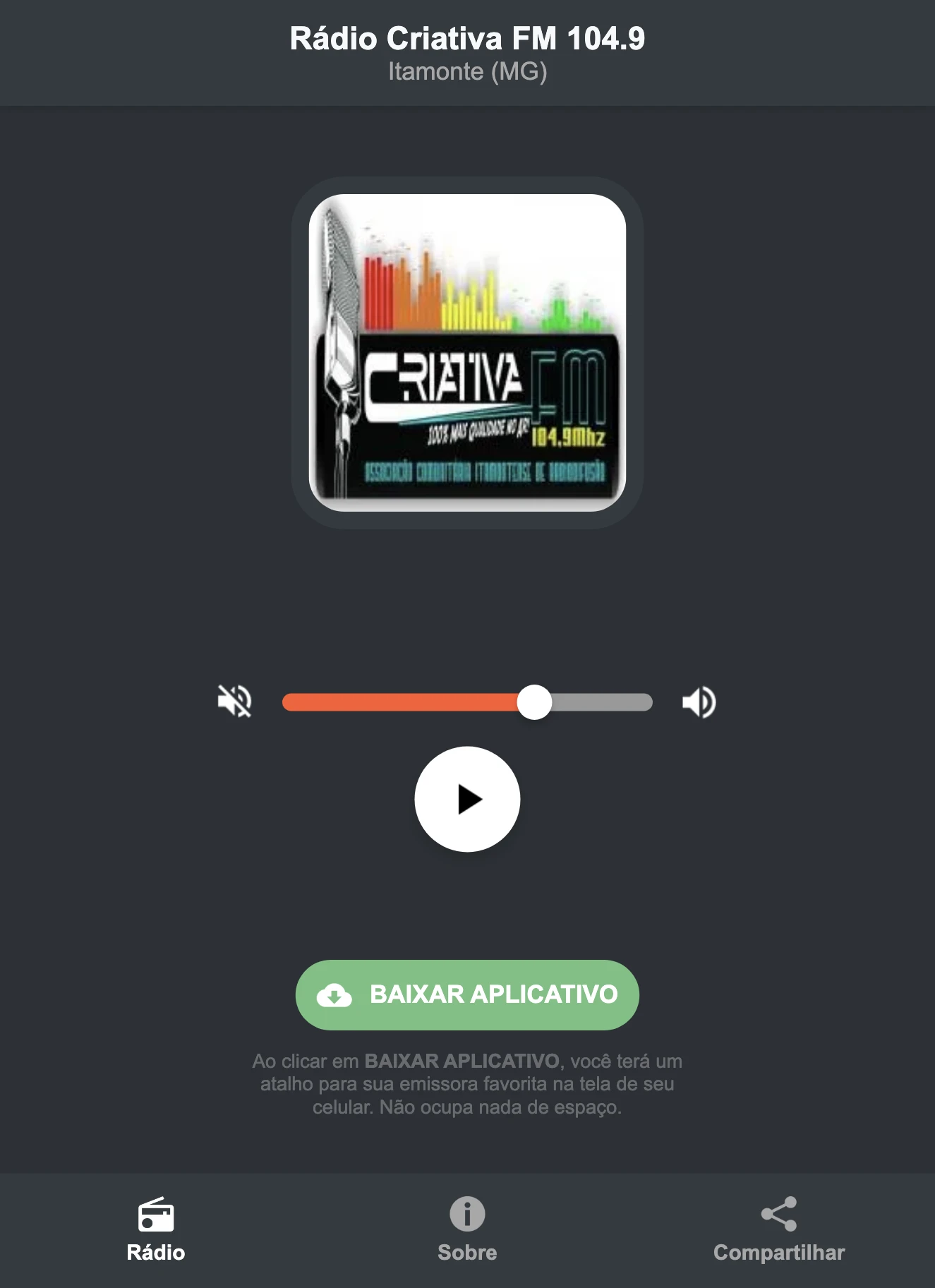 Screenshot do aplicativo da Rádio Criativa FM 104.9