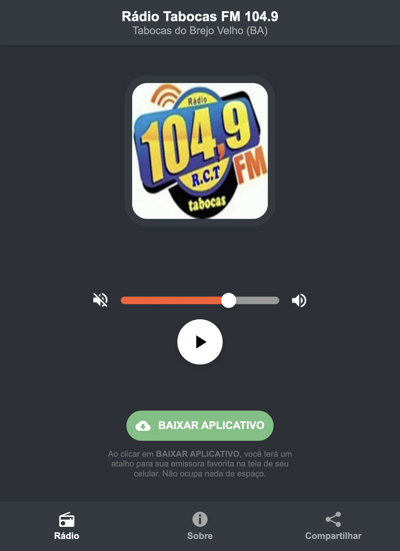 Screenshot do aplicativo da Rádio Tabocas FM 104.9