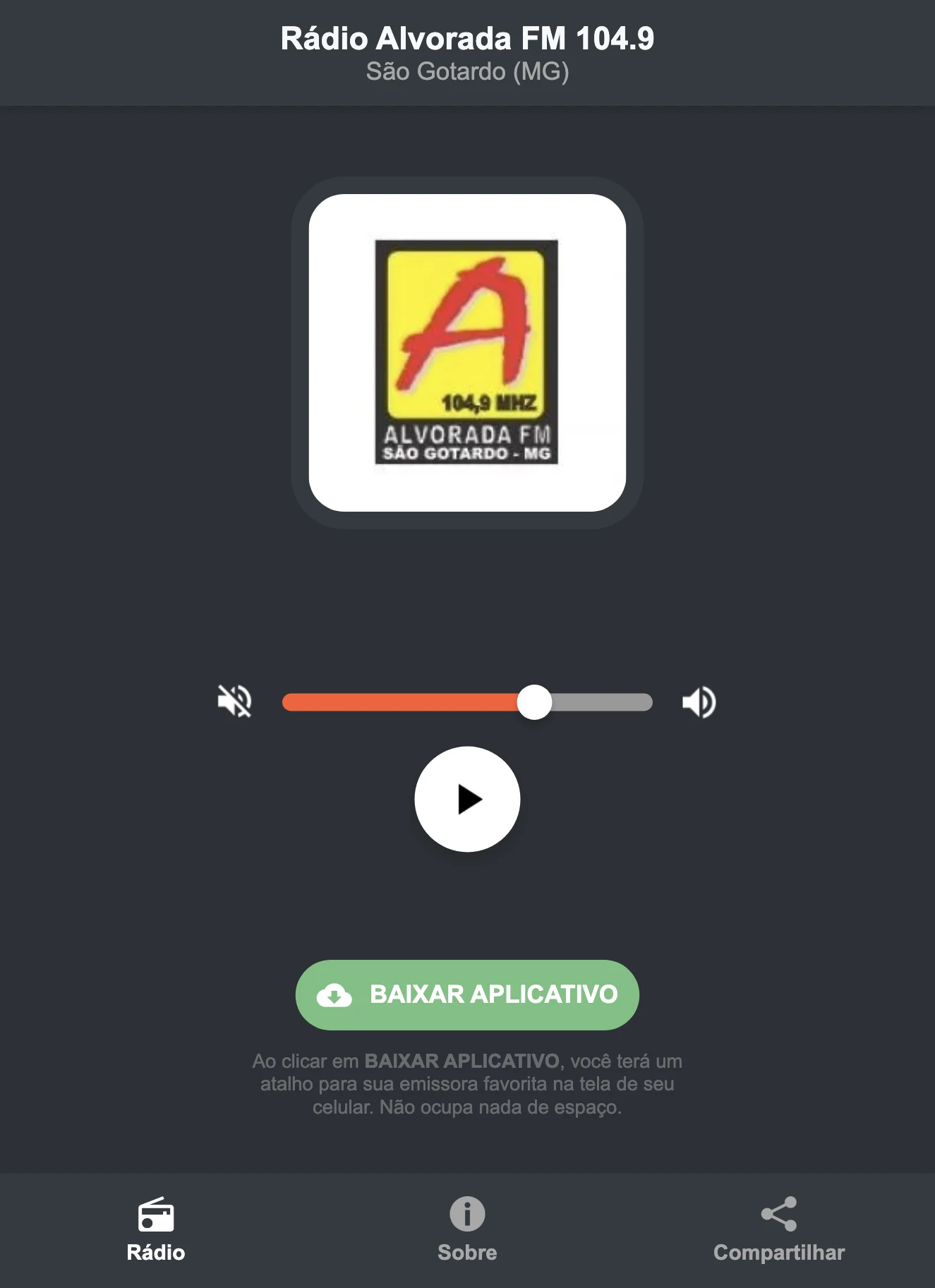 Screenshot do aplicativo da Rádio Alvorada FM 104.9