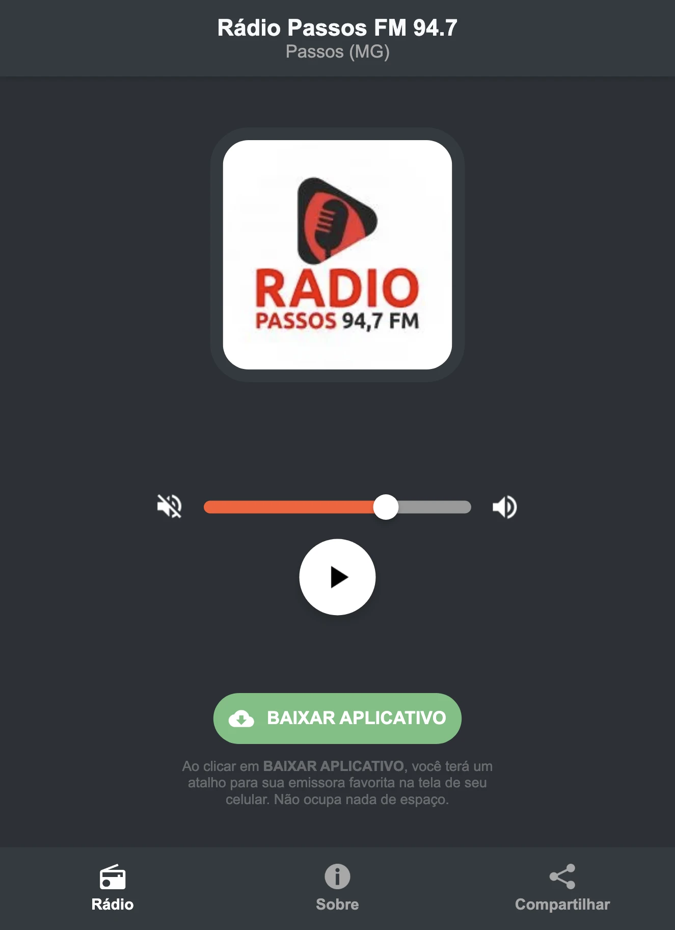 Screenshot do aplicativo da Rádio Passos FM 94.7