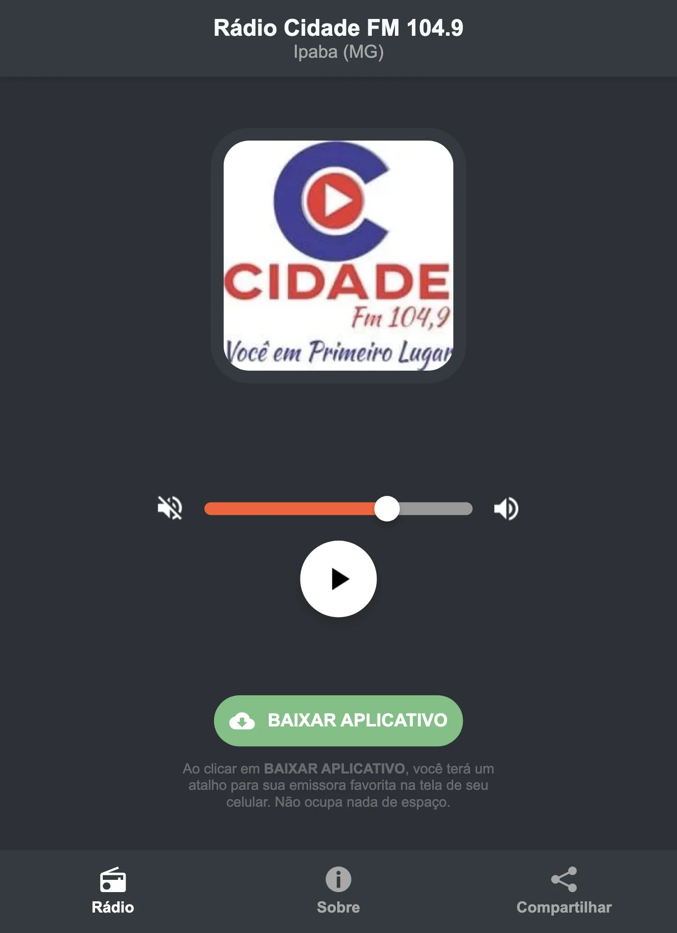 Screenshot do aplicativo da Rádio Cidade FM 104.9