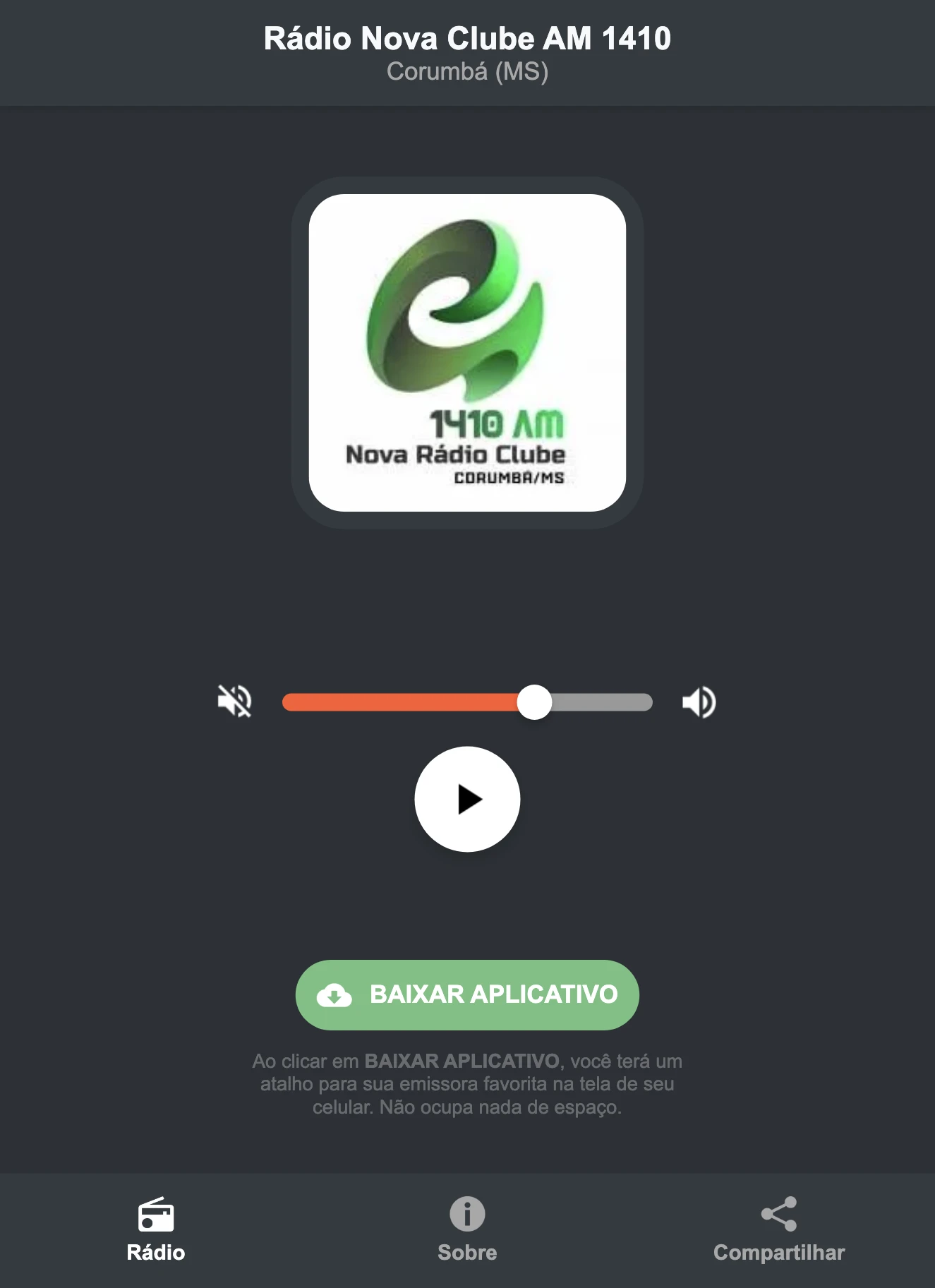 Screenshot do aplicativo da Rádio Nova Clube AM 1410