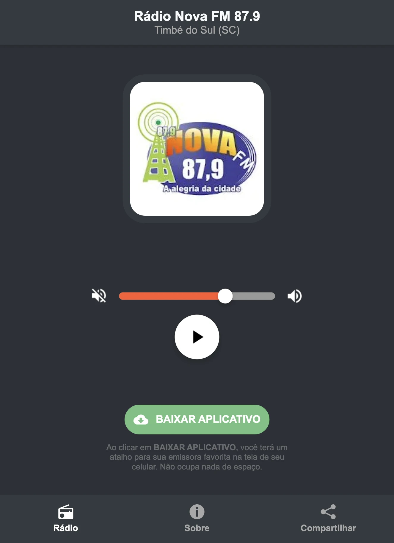 Screenshot do aplicativo da Rádio Nova FM 87.9