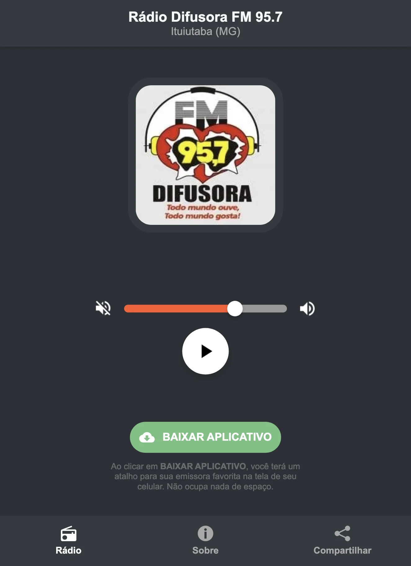 Screenshot do aplicativo da Rádio Difusora FM 95.7