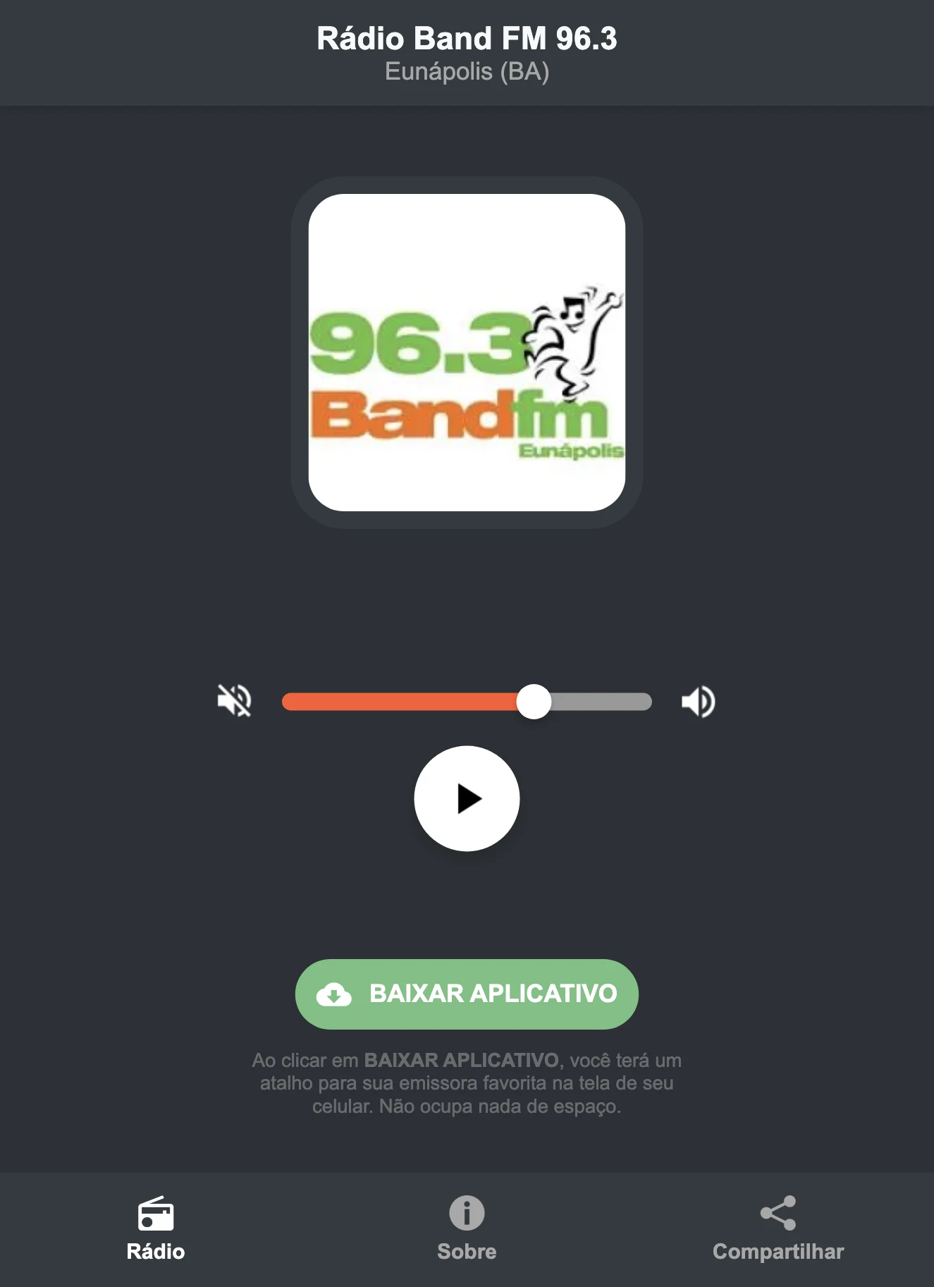 Screenshot do aplicativo da Rádio Band FM 96.3