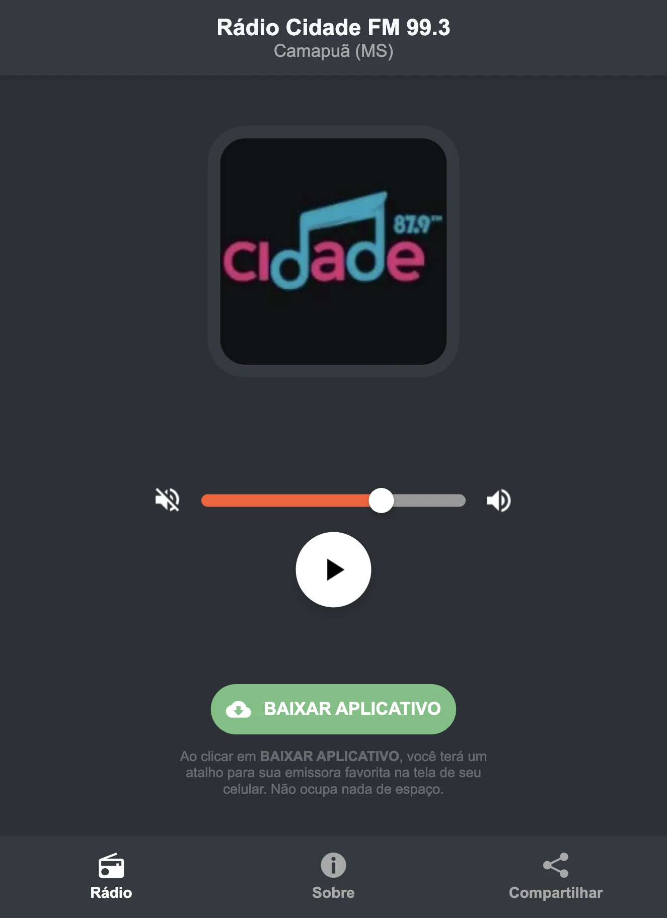 Screenshot do aplicativo da Rádio Cidade FM 99.3