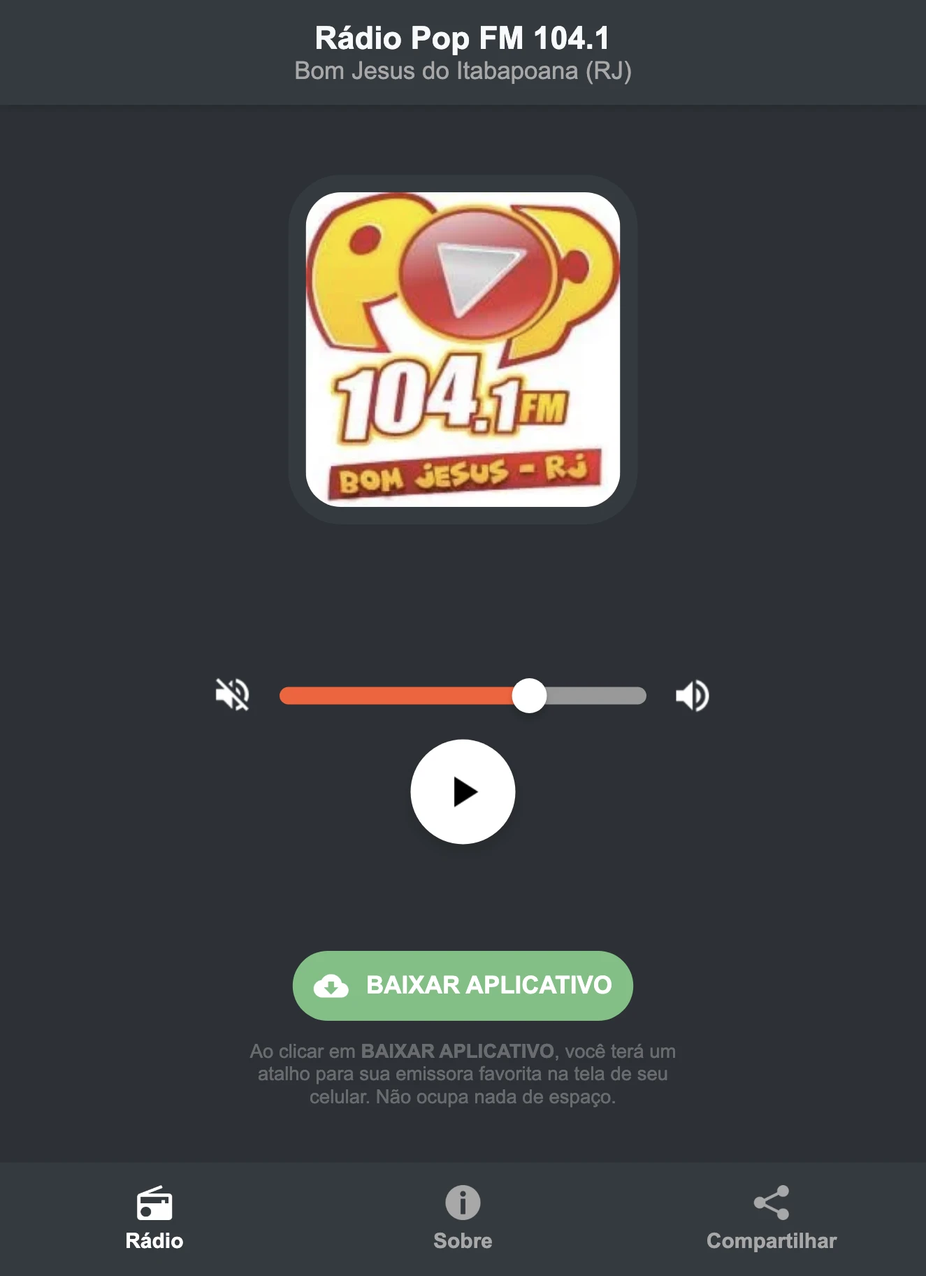 Screenshot do aplicativo da Rádio Pop FM 104.1