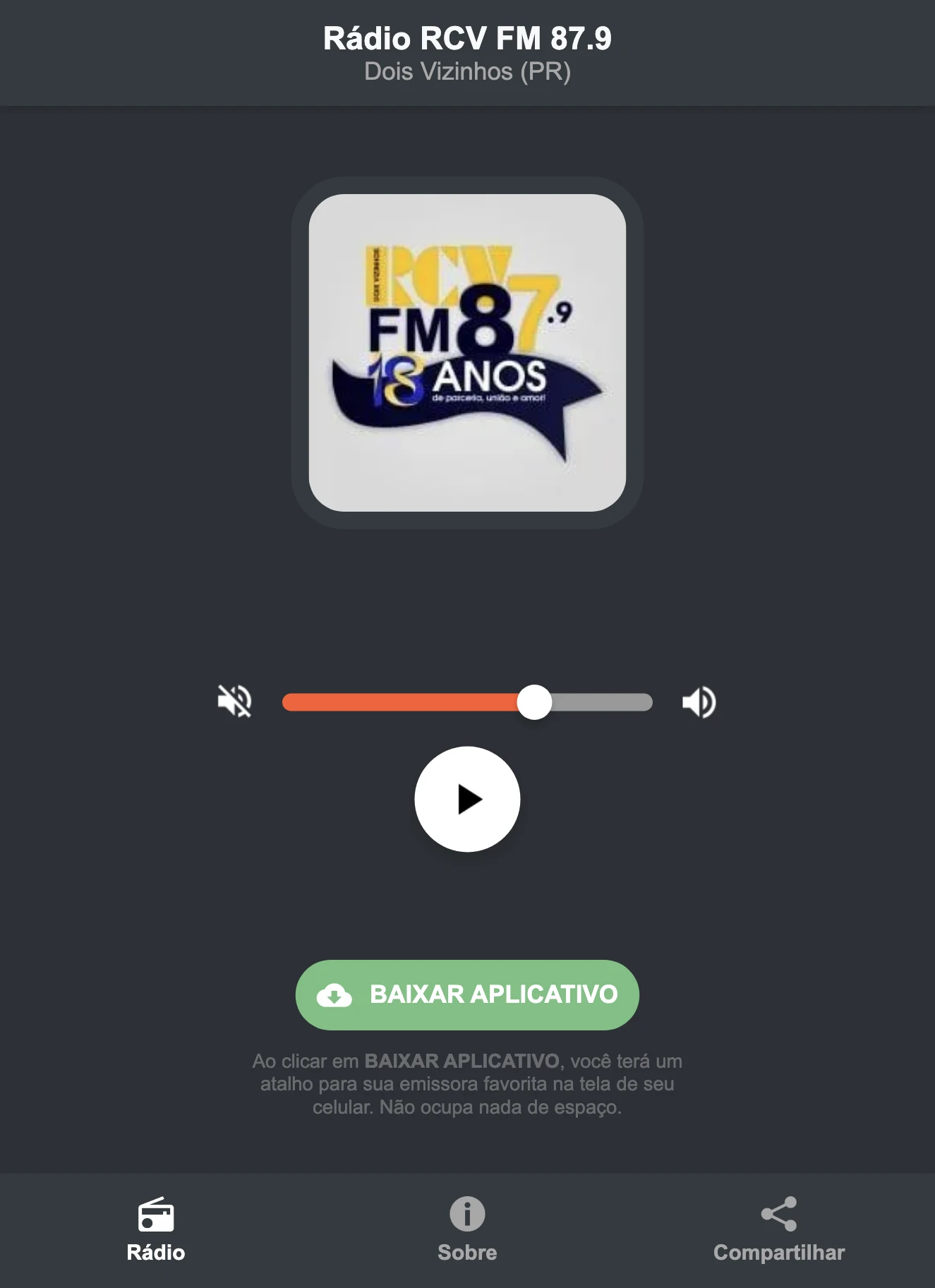 Screenshot do aplicativo da Rádio RCV FM 87.9