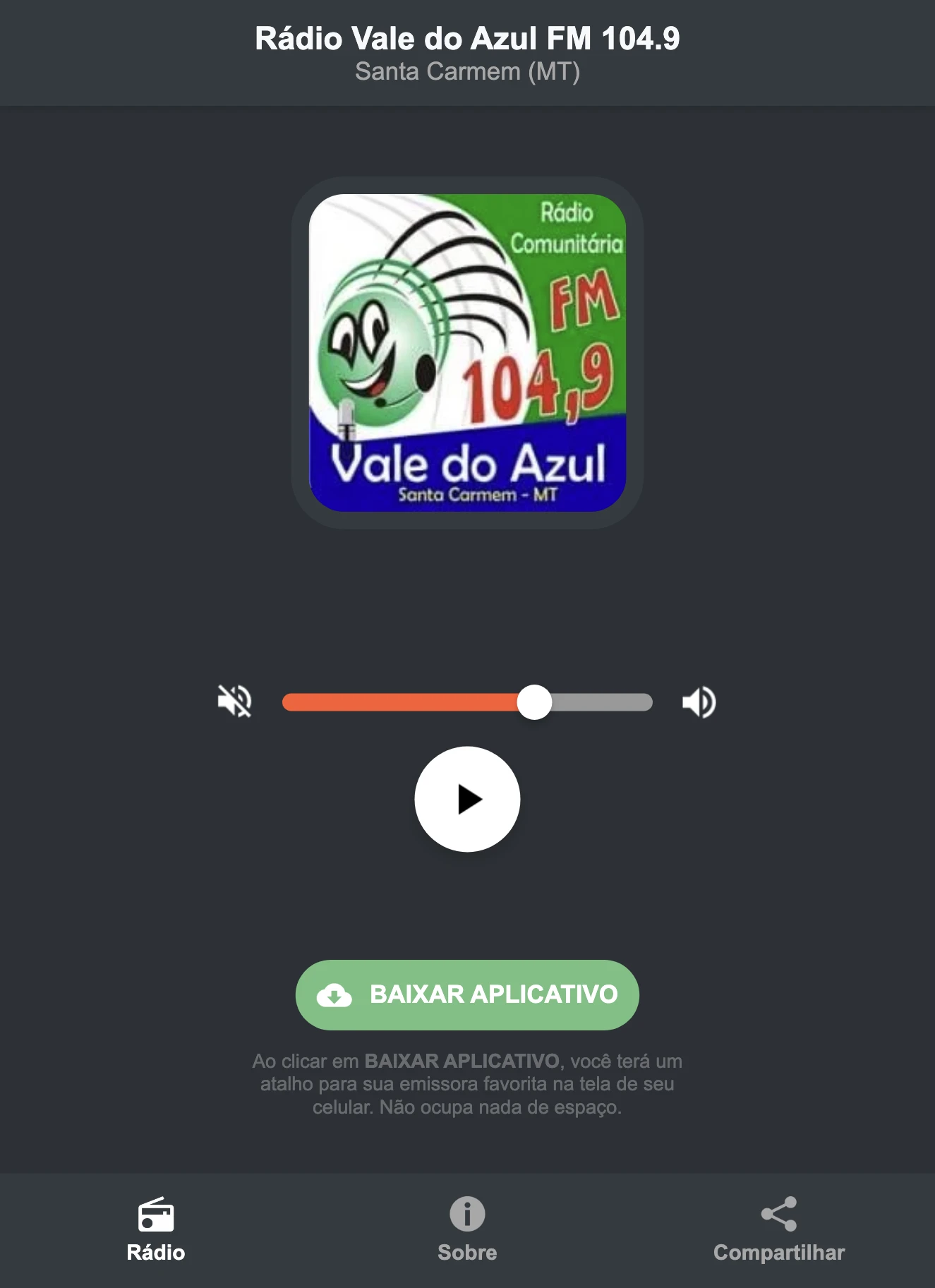 Screenshot do aplicativo da Rádio Vale do Azul FM 104.9