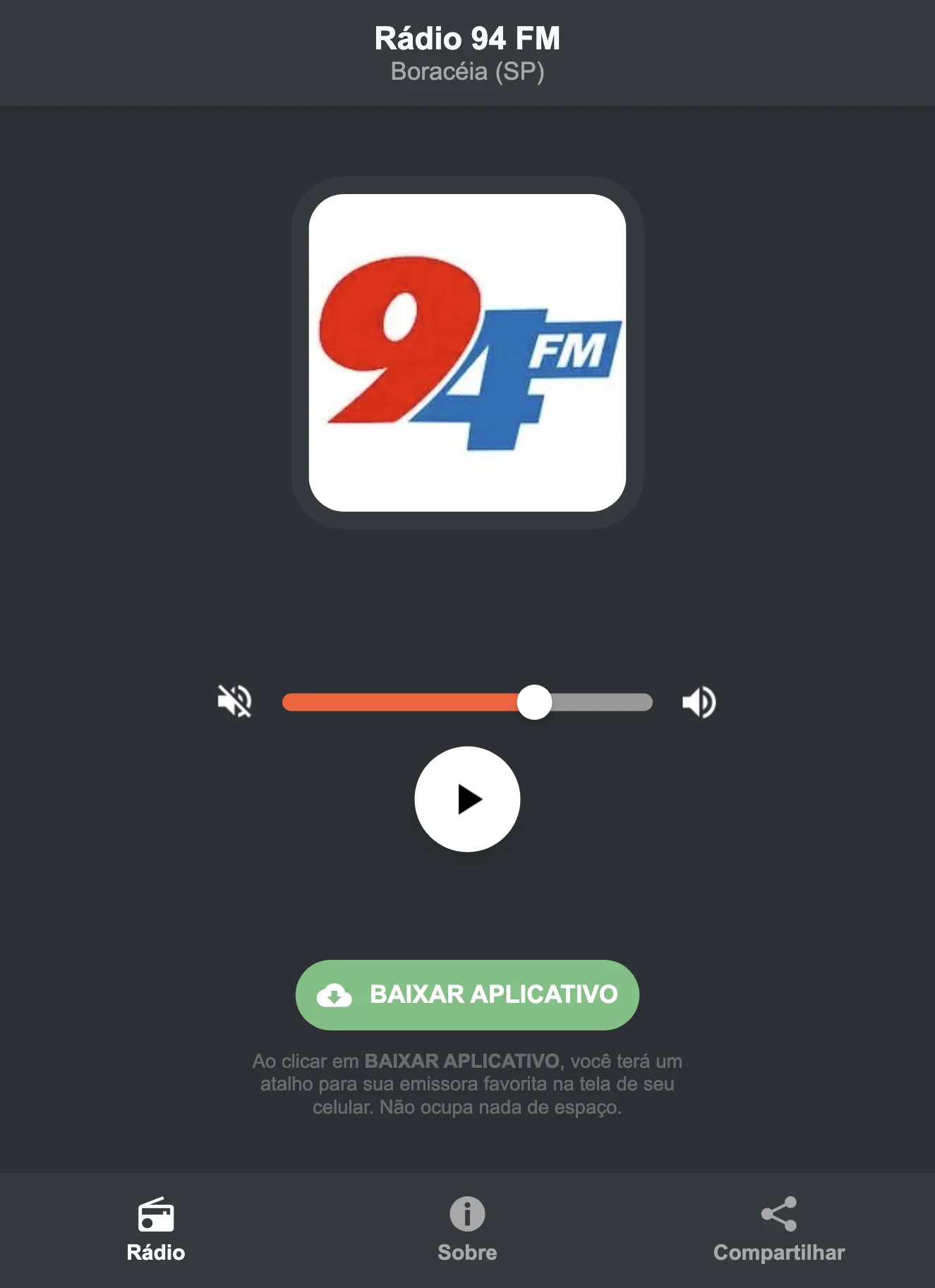Screenshot do aplicativo da Rádio 94 FM