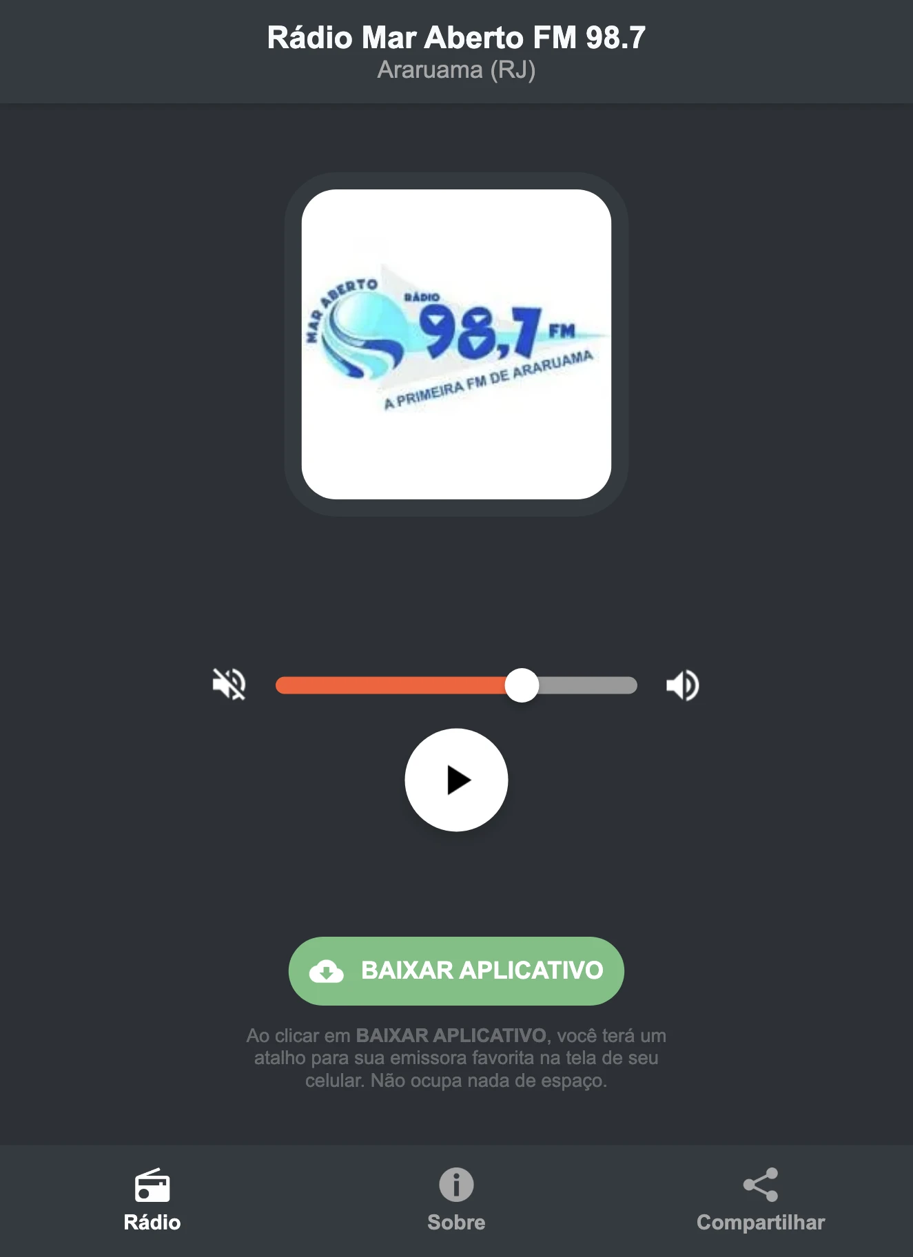 Screenshot do aplicativo da Rádio Mar Aberto FM 98.7