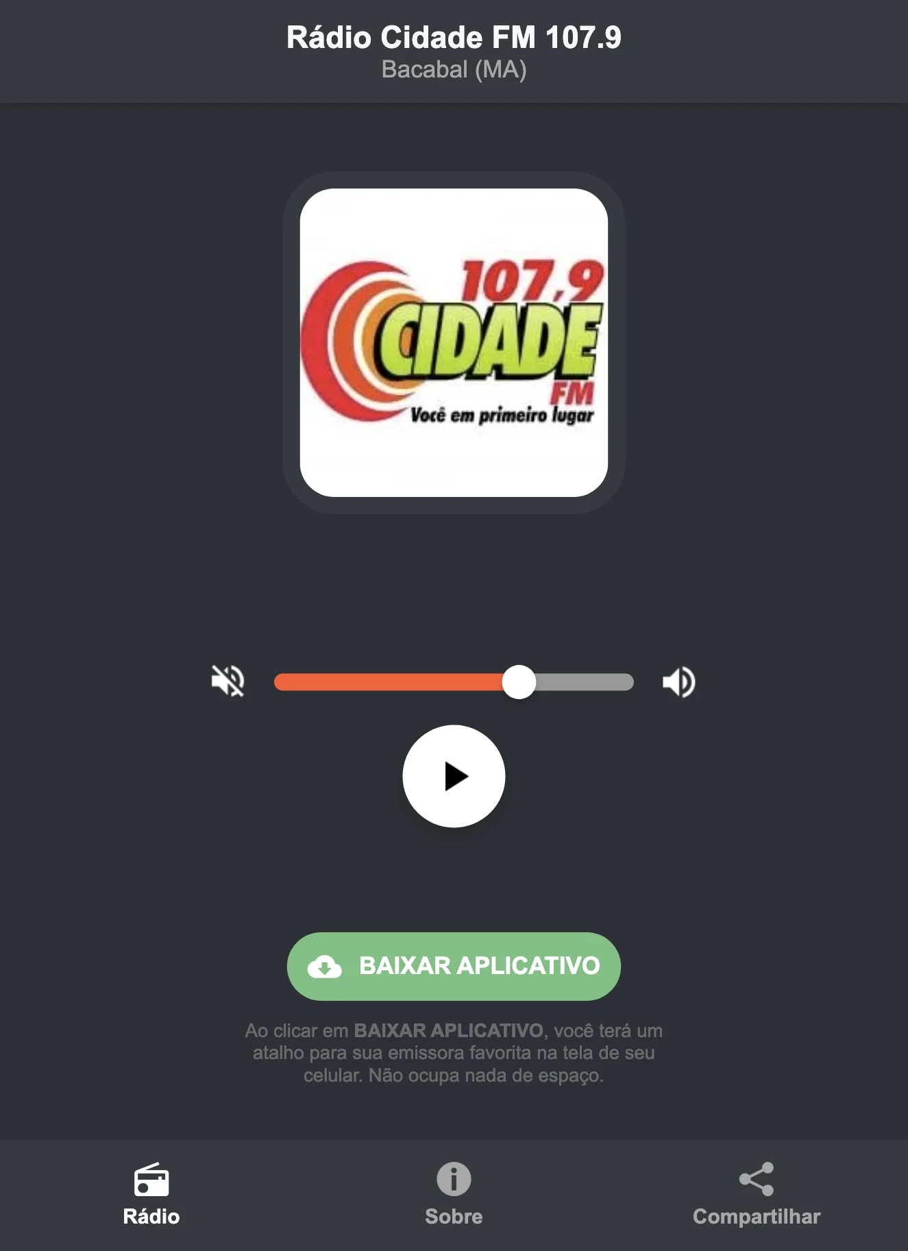 Screenshot do aplicativo da Rádio Cidade FM 107.9