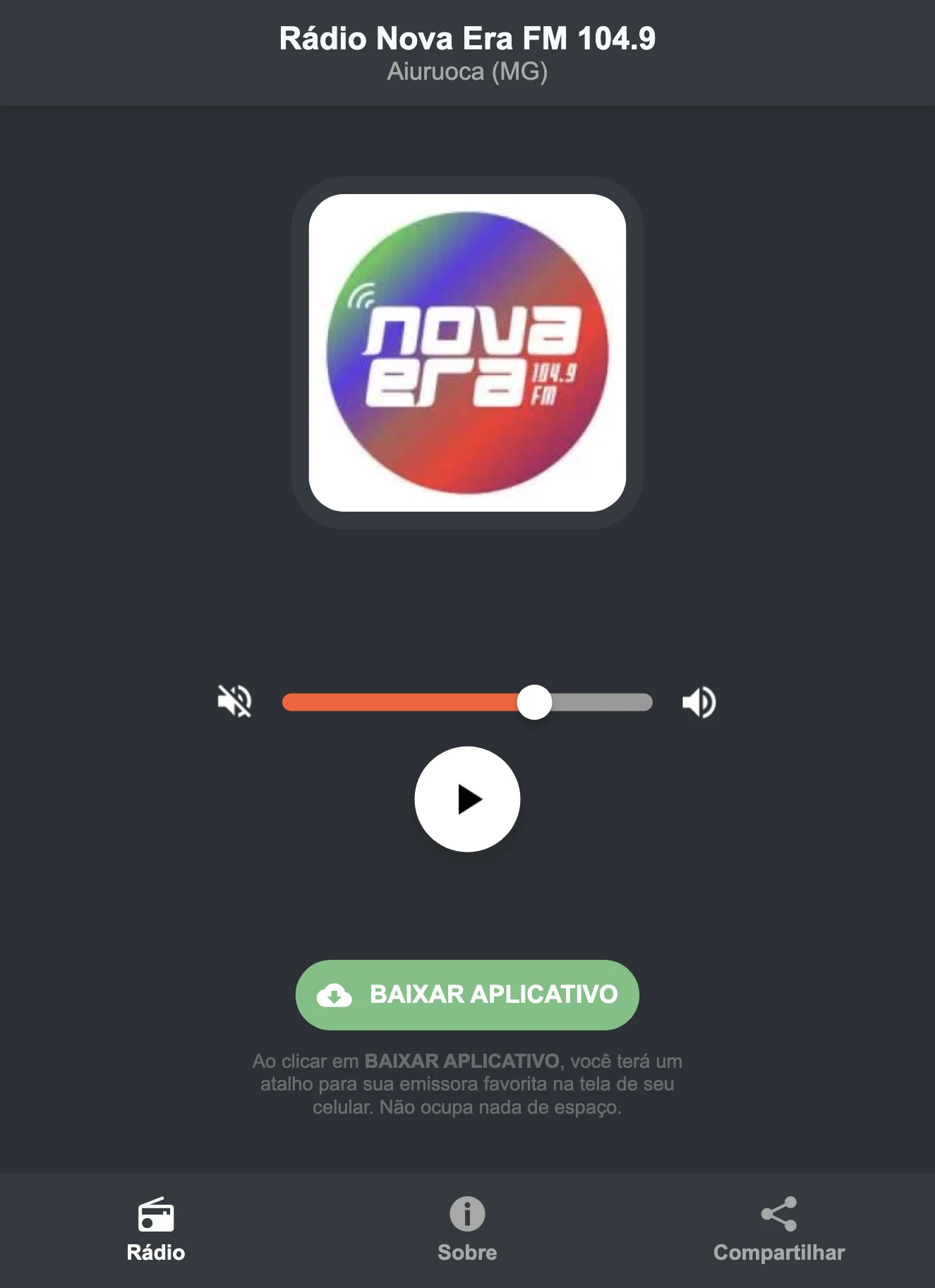 Screenshot do aplicativo da Rádio Nova Era FM 104.9