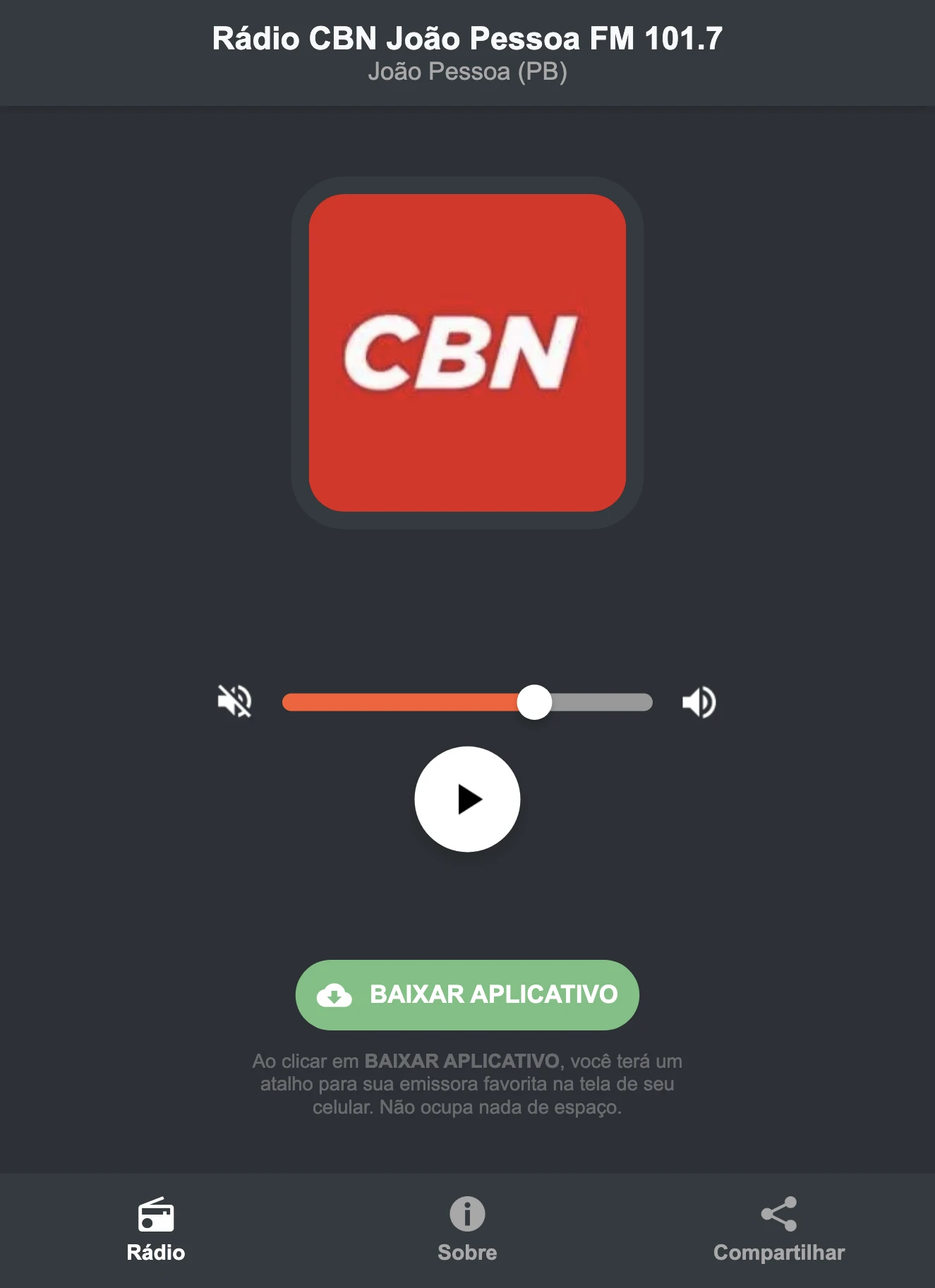Screenshot do aplicativo da Rádio CBN João Pessoa FM 101.7