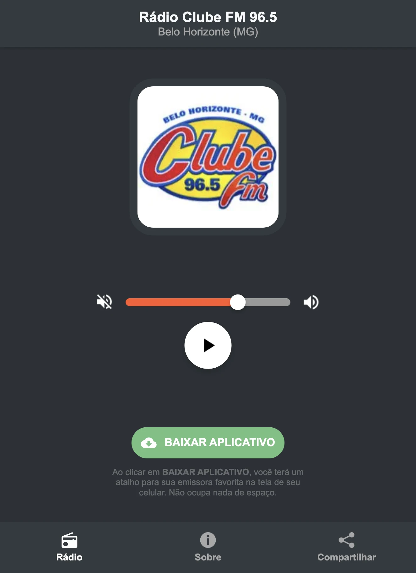 Screenshot do aplicativo da Rádio Clube FM 96.5