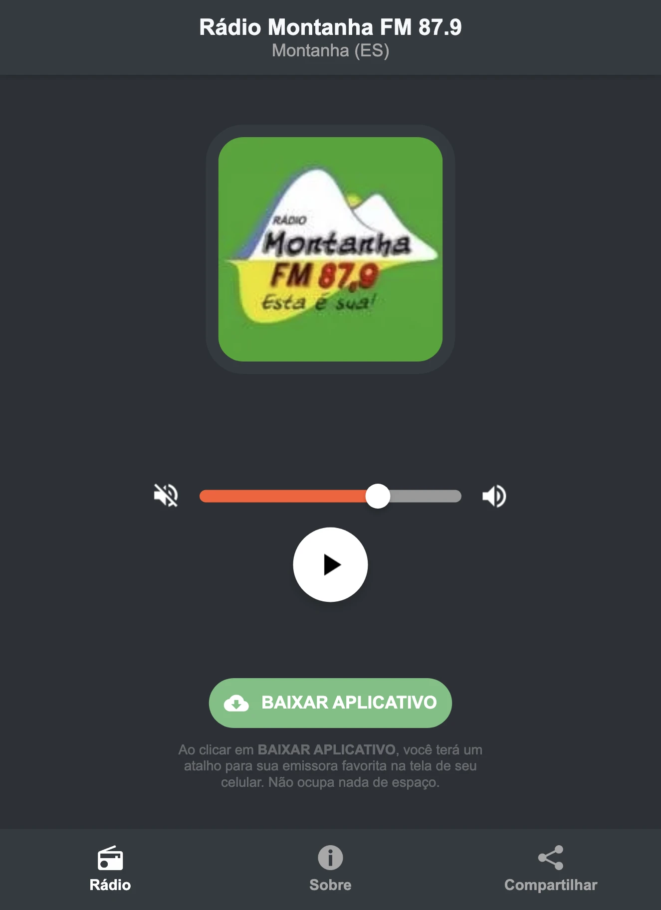 Screenshot do aplicativo da Rádio Montanha FM 87.9