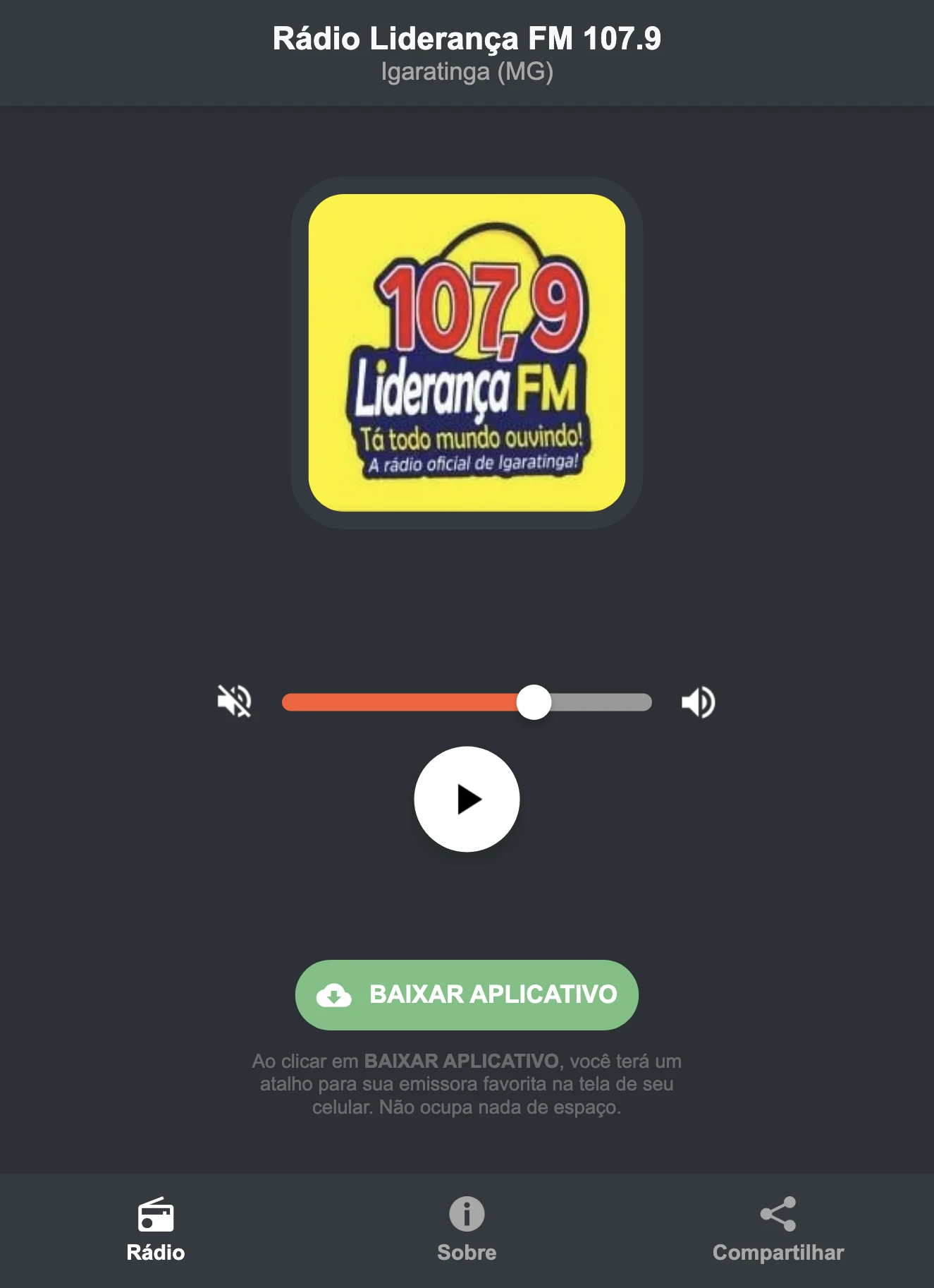 Screenshot do aplicativo da Rádio Liderança FM 107.9