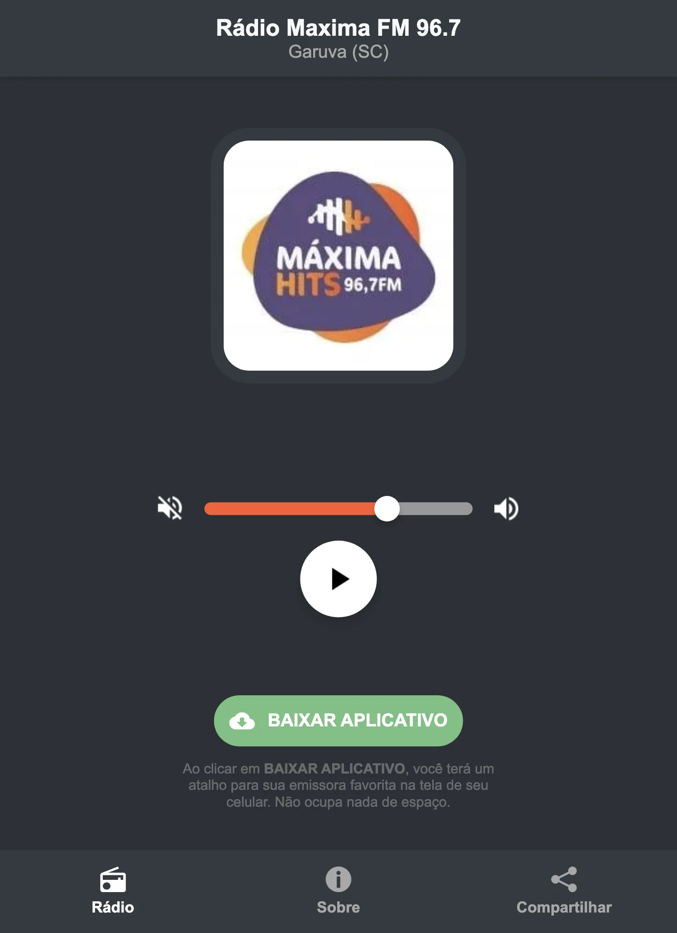 Screenshot do aplicativo da Rádio Maxima FM 96.7