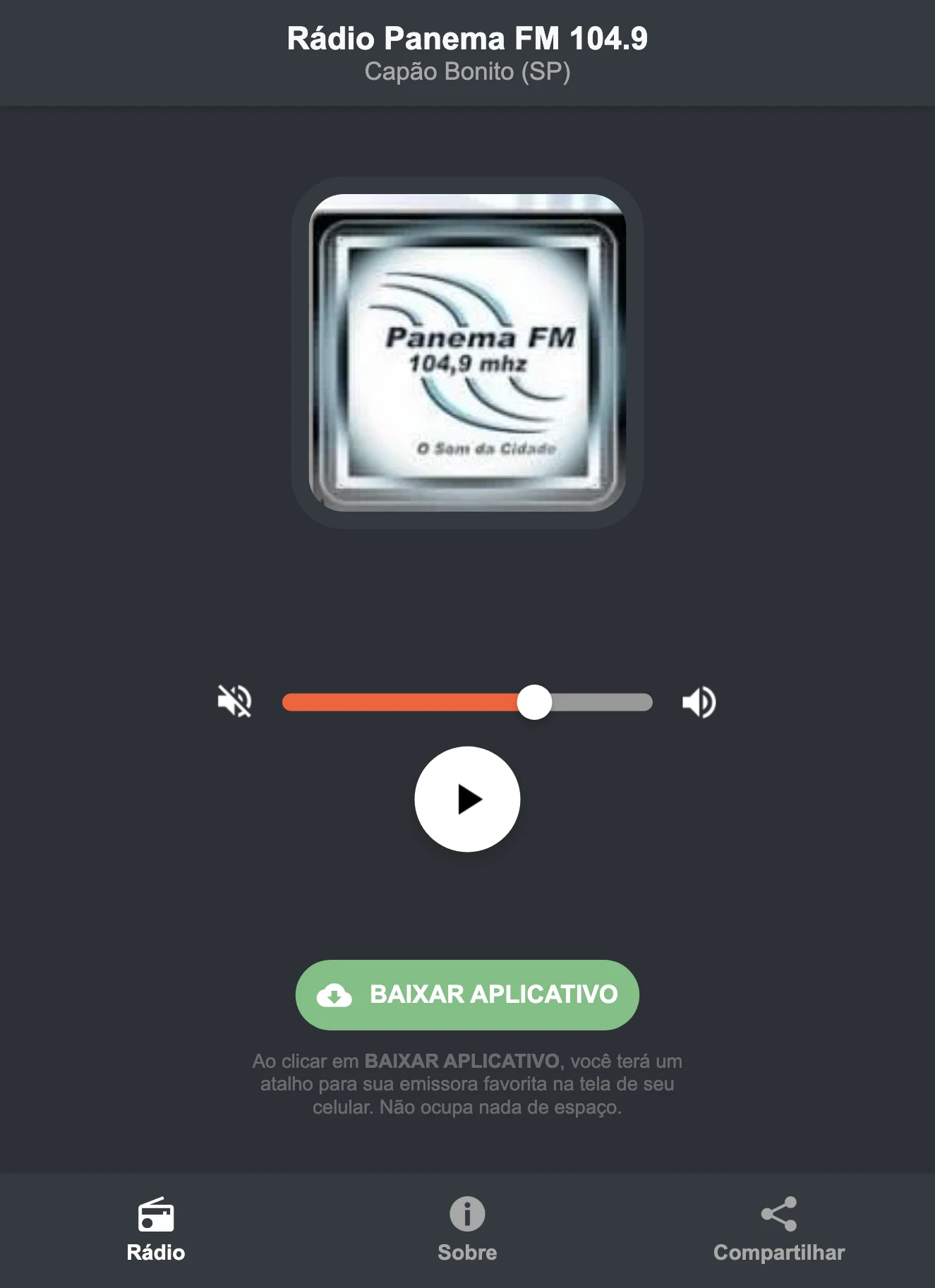 Screenshot do aplicativo da Rádio Panema FM 104.9