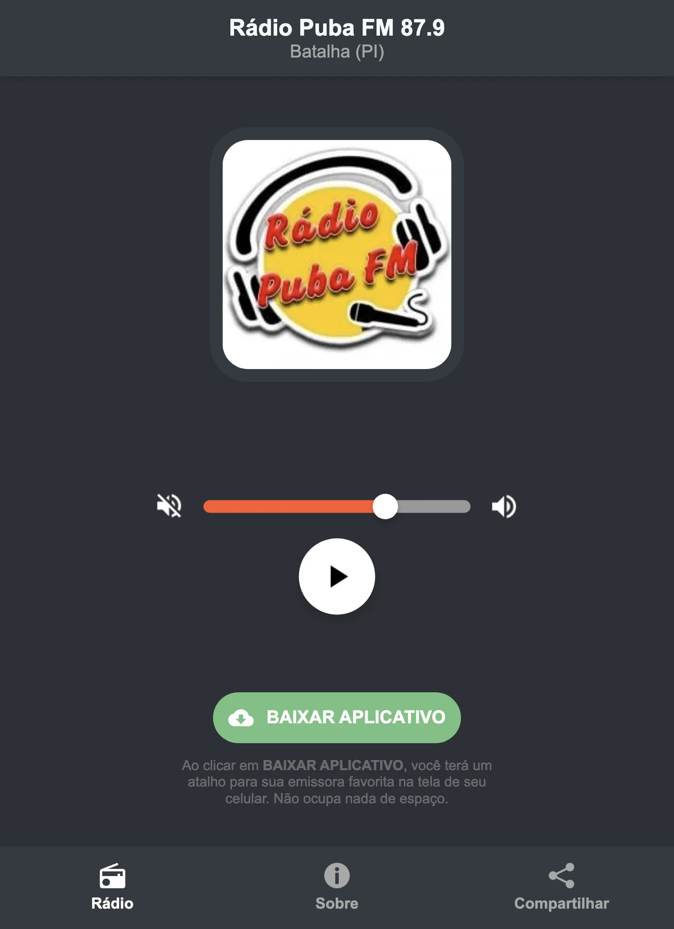 Screenshot do aplicativo da Rádio Puba FM 87.9