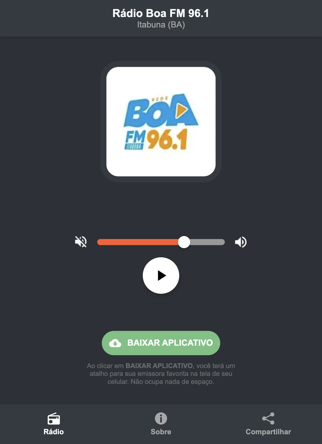 Screenshot do aplicativo da Rádio Boa FM 96.1