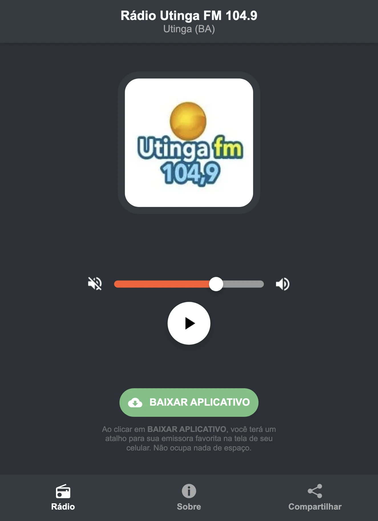 Screenshot do aplicativo da Rádio Utinga FM 104.9