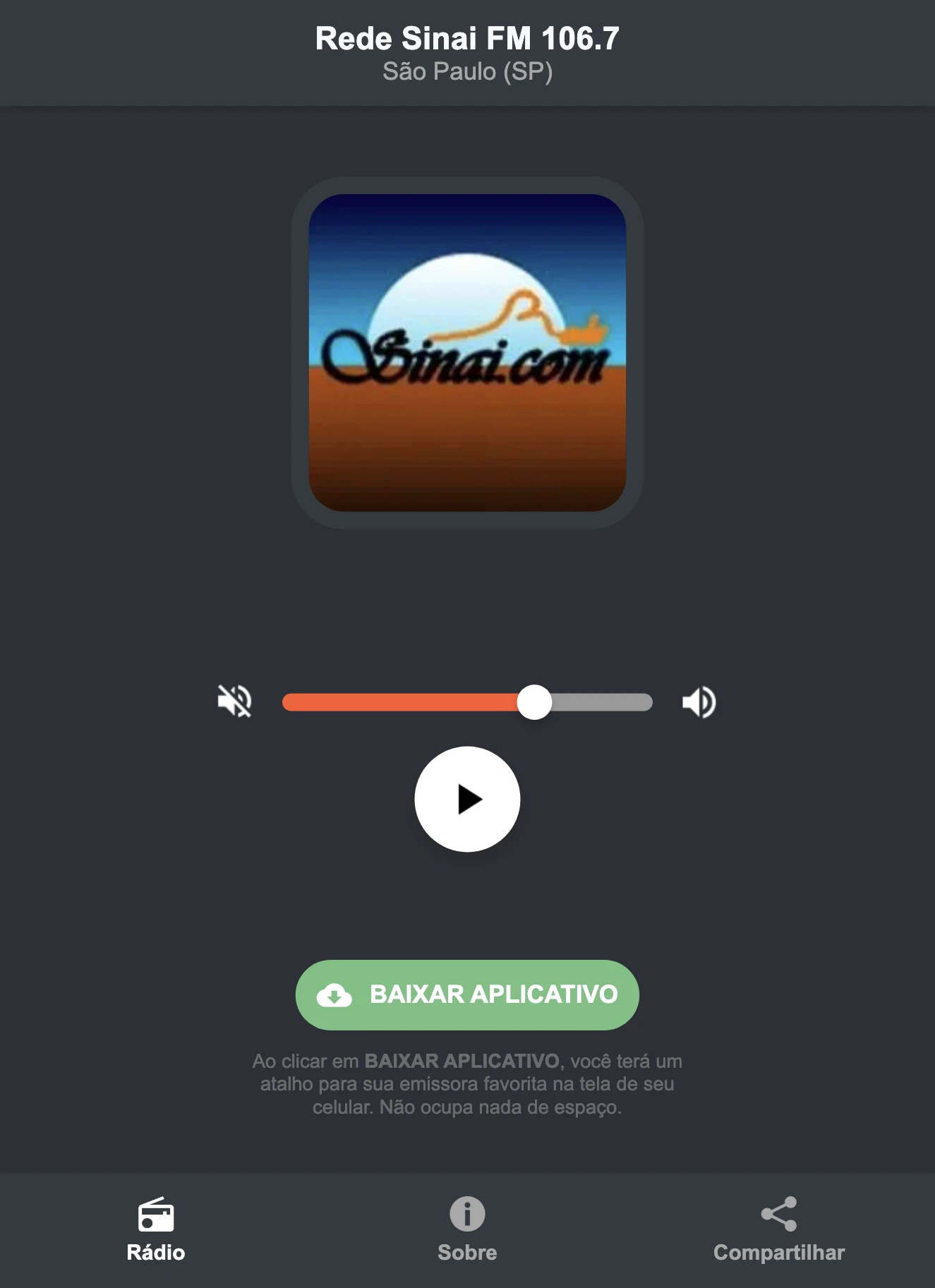 Screenshot do aplicativo da Rede Sinai FM 106.7