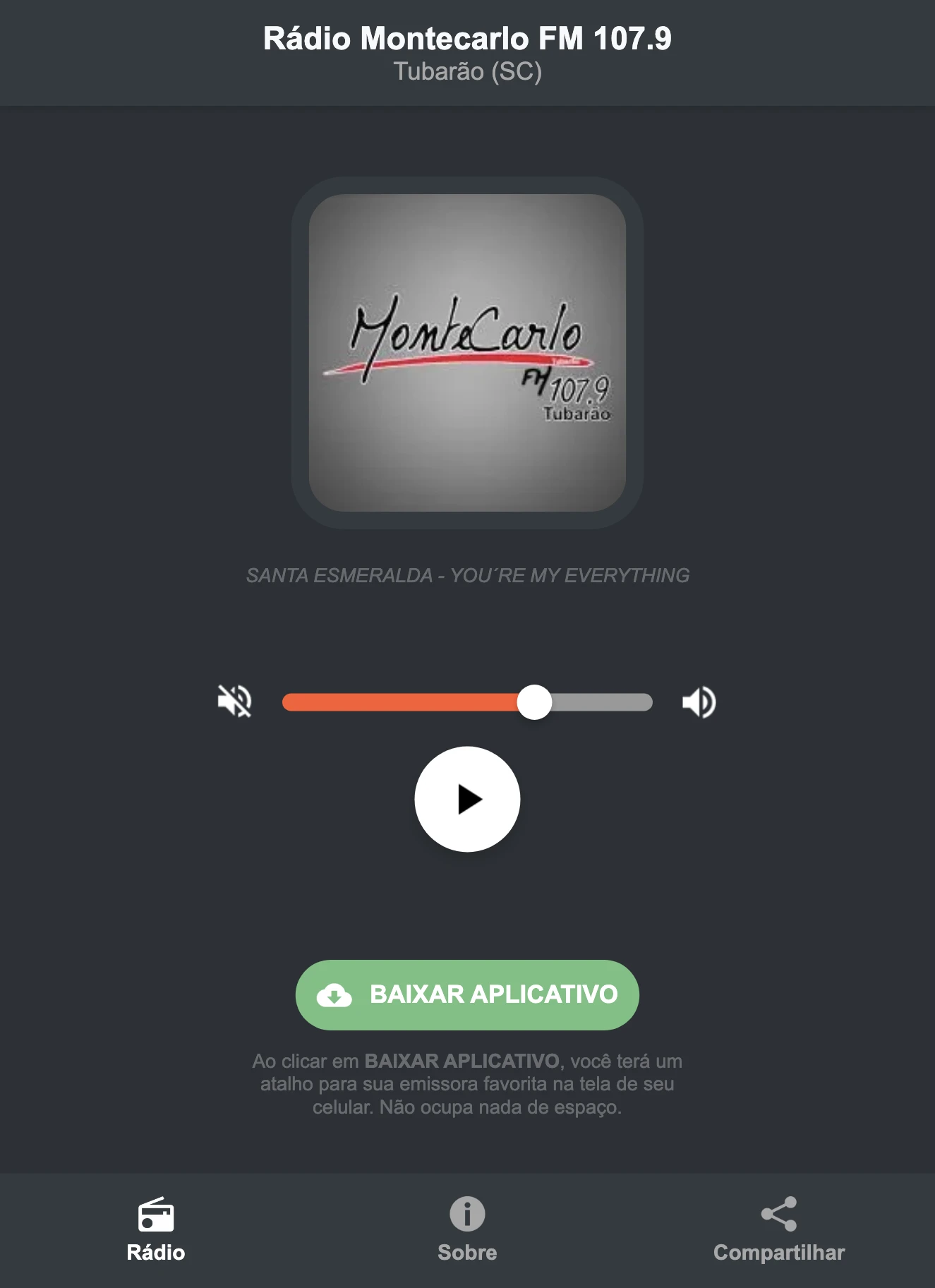 Screenshot do aplicativo da Rádio Montecarlo FM 107.9