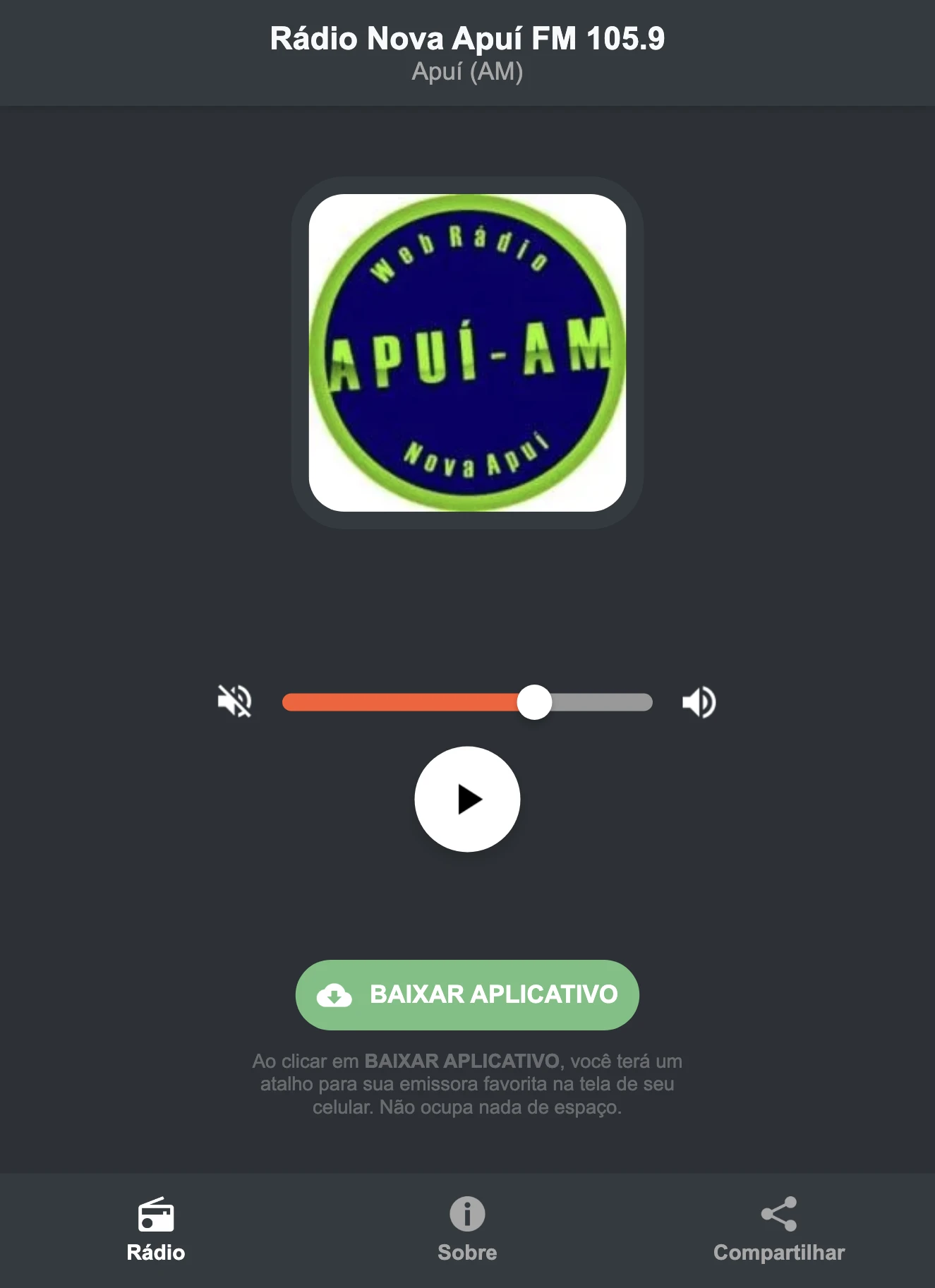 Screenshot do aplicativo da Rádio Nova Apuí FM 105.9