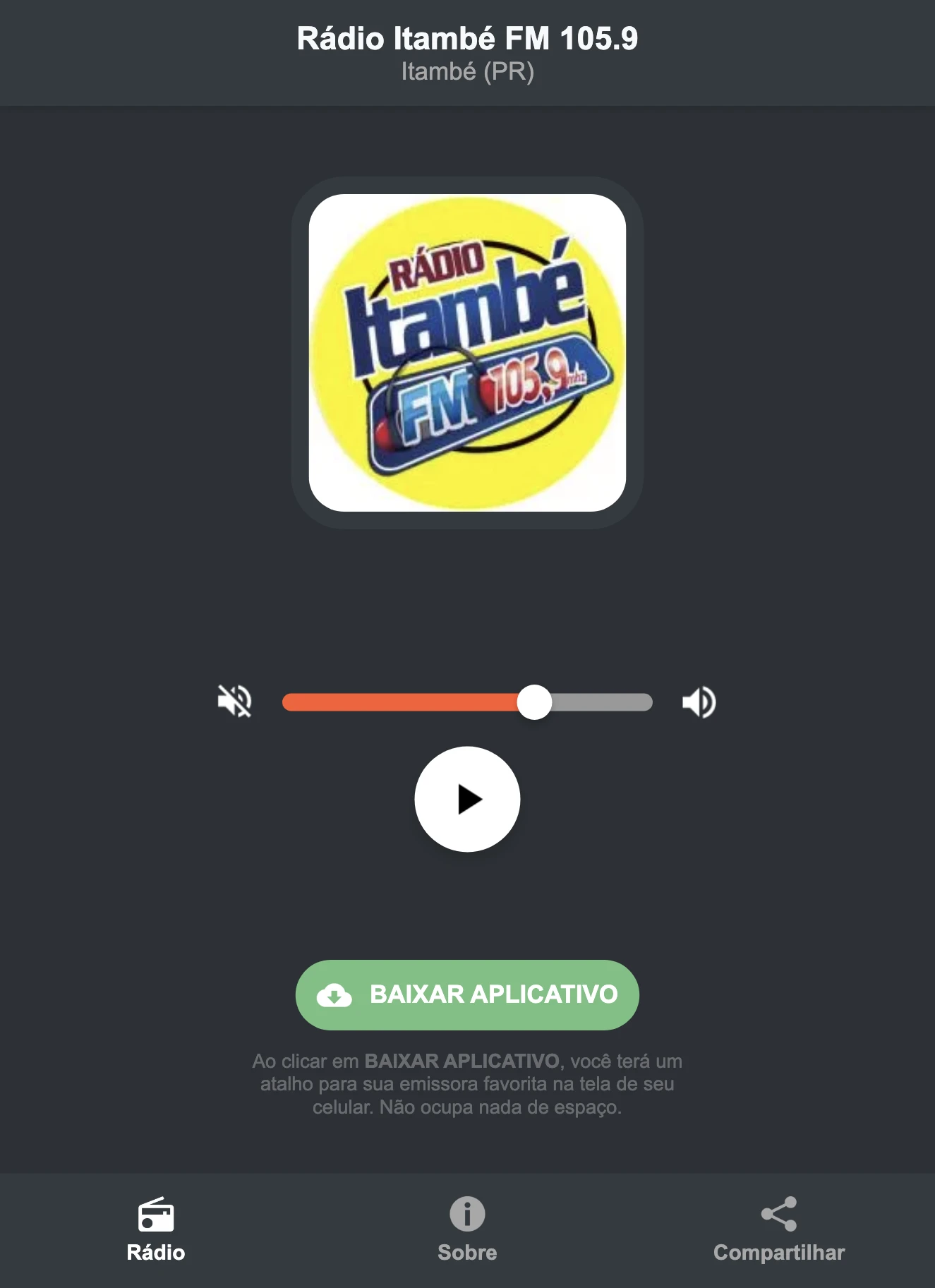 Screenshot do aplicativo da Rádio Itambé FM 105.9