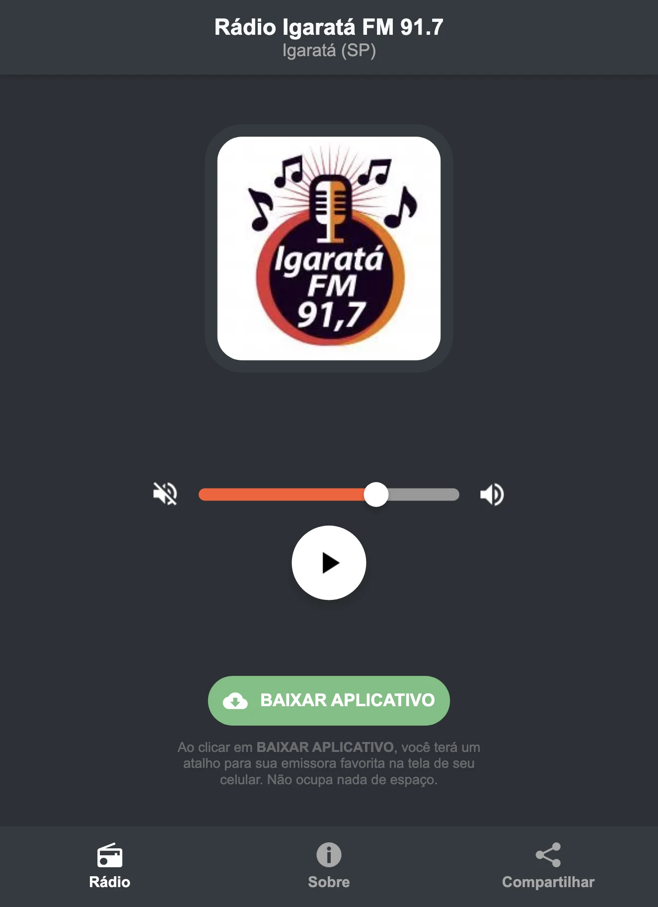 Screenshot do aplicativo da Rádio Igaratá FM 91.7