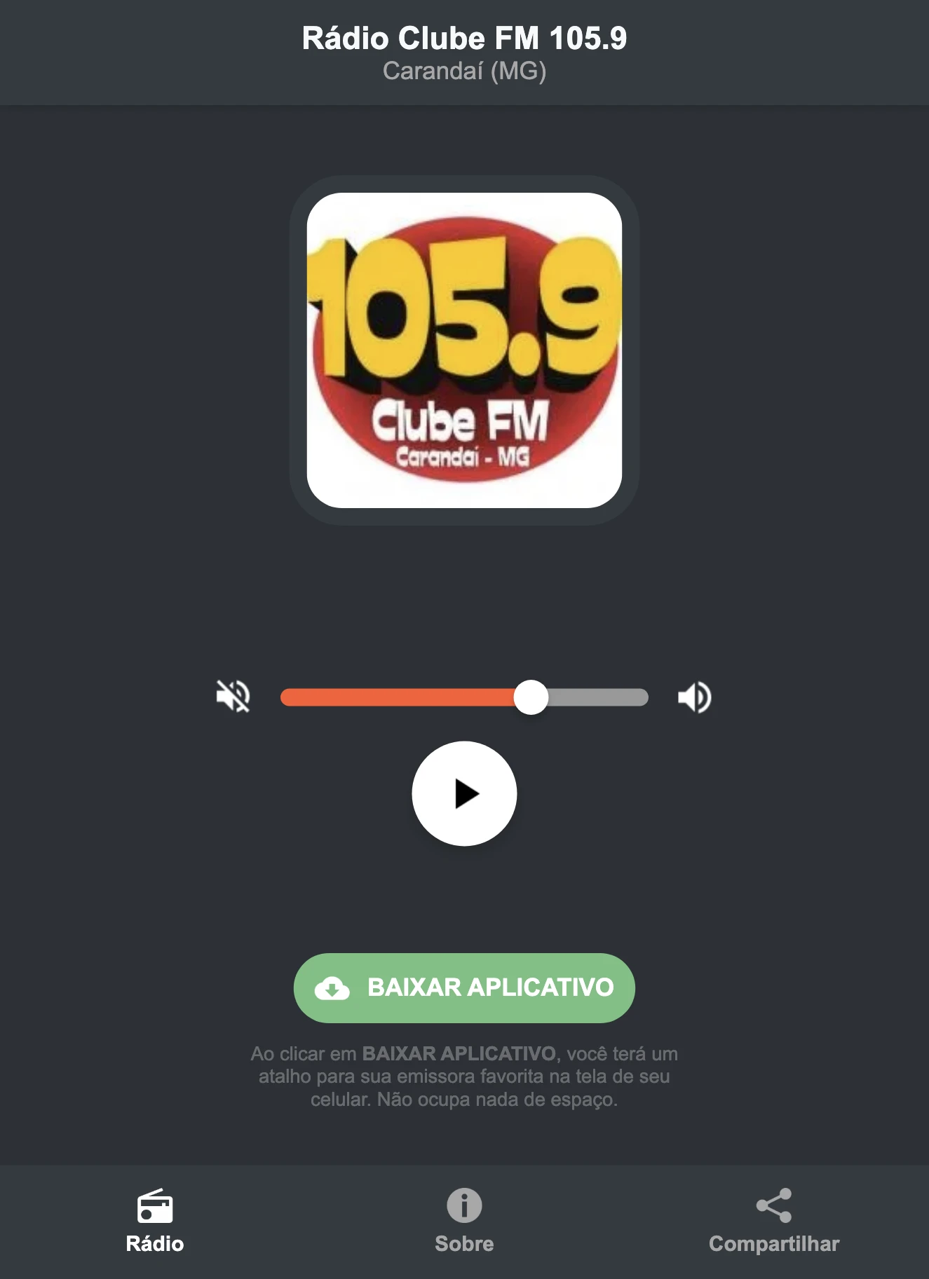 Screenshot do aplicativo da Rádio Clube FM 105.9