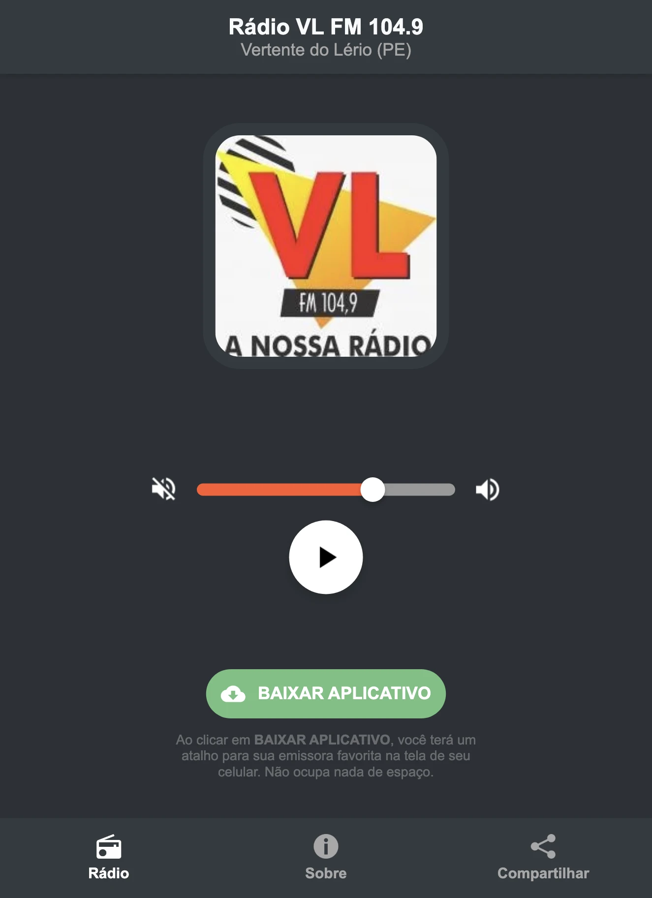 Screenshot do aplicativo da Rádio VL FM 104.9